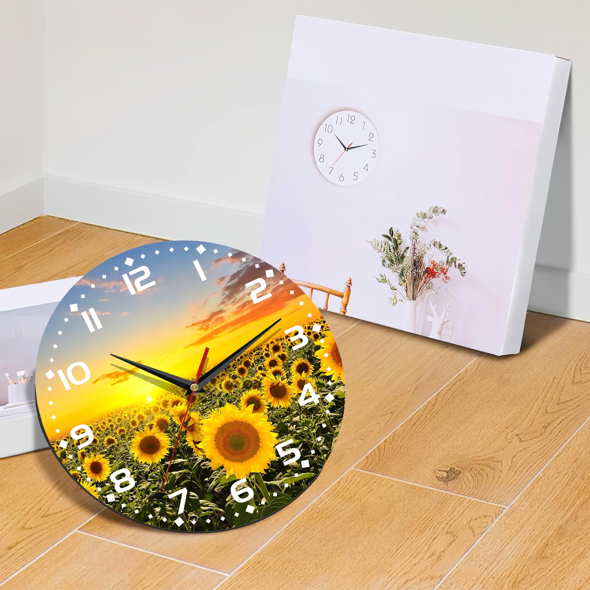 Słoneczniki pola pod słońcem zegar ścienny, współczesny wystrój domu łatwy do odczytania zegar ścienny do salonu, sypialni, łazienki i kuchni, 25 cm