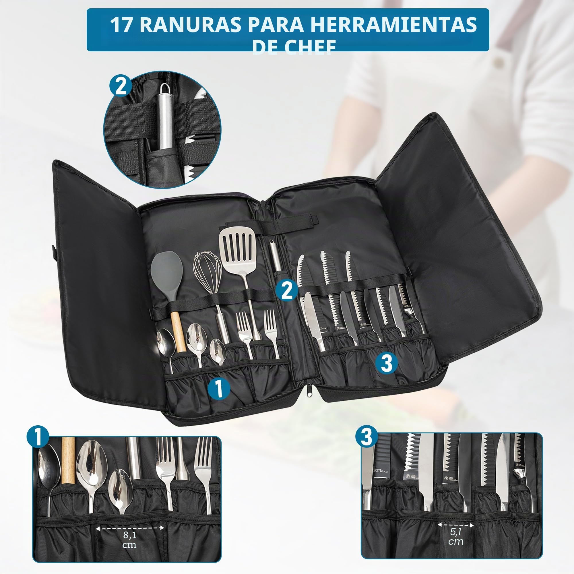 OUUTMEE - Bolsa de cuchillos de chef profesional con 17 ranuras para cuchillos y utensilios de cocina, color negro, Negro , 53 x 6 x 25 CM, Bolsa de viaje