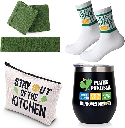 Regalos de pickleball para mujeres y hombres, regalos para amantes del pickleball incluyen vaso, calcetines atléticos, bandas para el sudor y bolsas