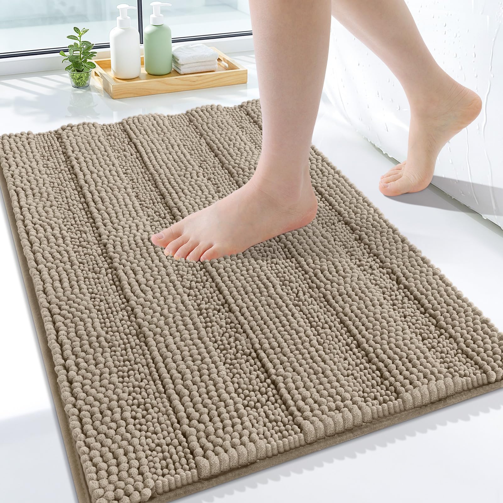 Grandaily Chenille Bathroom Rugs 24x16, Soft Bath Mats, Warm Taupe