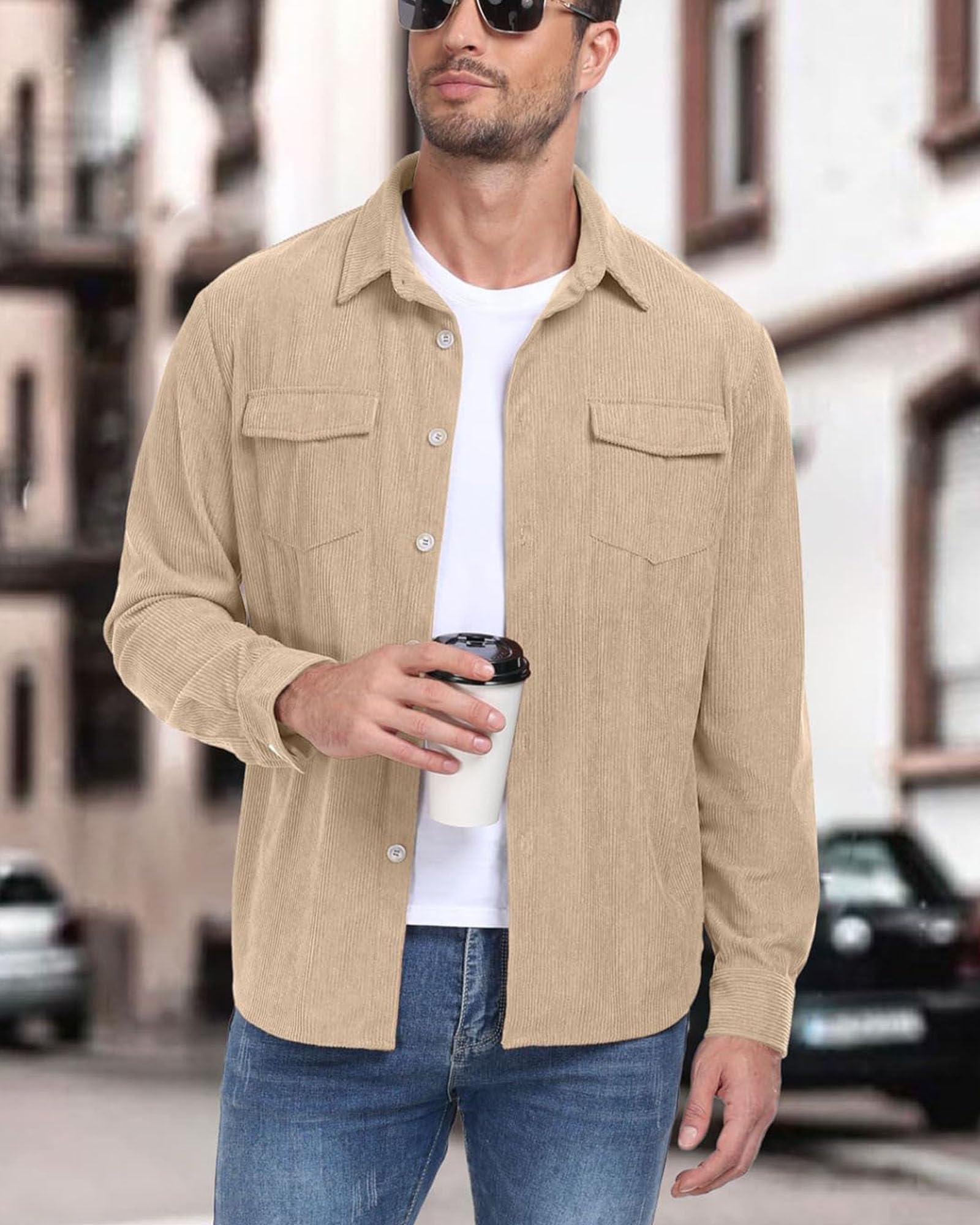 QUNERY Camicia Velluto Uomo Maniche Lunghe Cappotti Casual Button-Down Camicia Autunno Inverno con Tasche Camicie