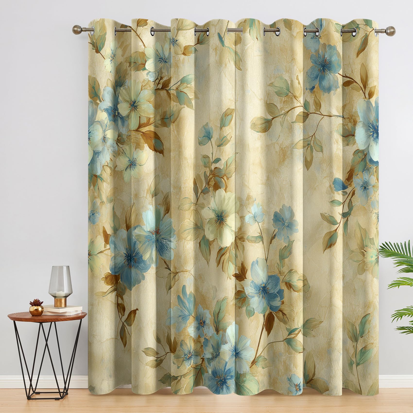 zcwl Rustic Flower Curtains for Bedroom Living Room - Vintage Floral Blackout Curtains - Thermal Eyelet Drapes - 90 Drop Patterned Window Treatments - 66x90 Inch (W x L) 2 Panels 4K04z