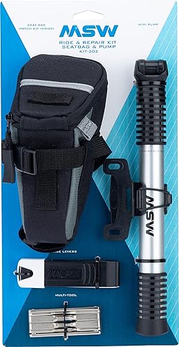 MSW Kit de herramientas de reparación y paseo prémium para bicicleta con bolsa de asiento grande, incluye kit de reparación de neumáticos sin