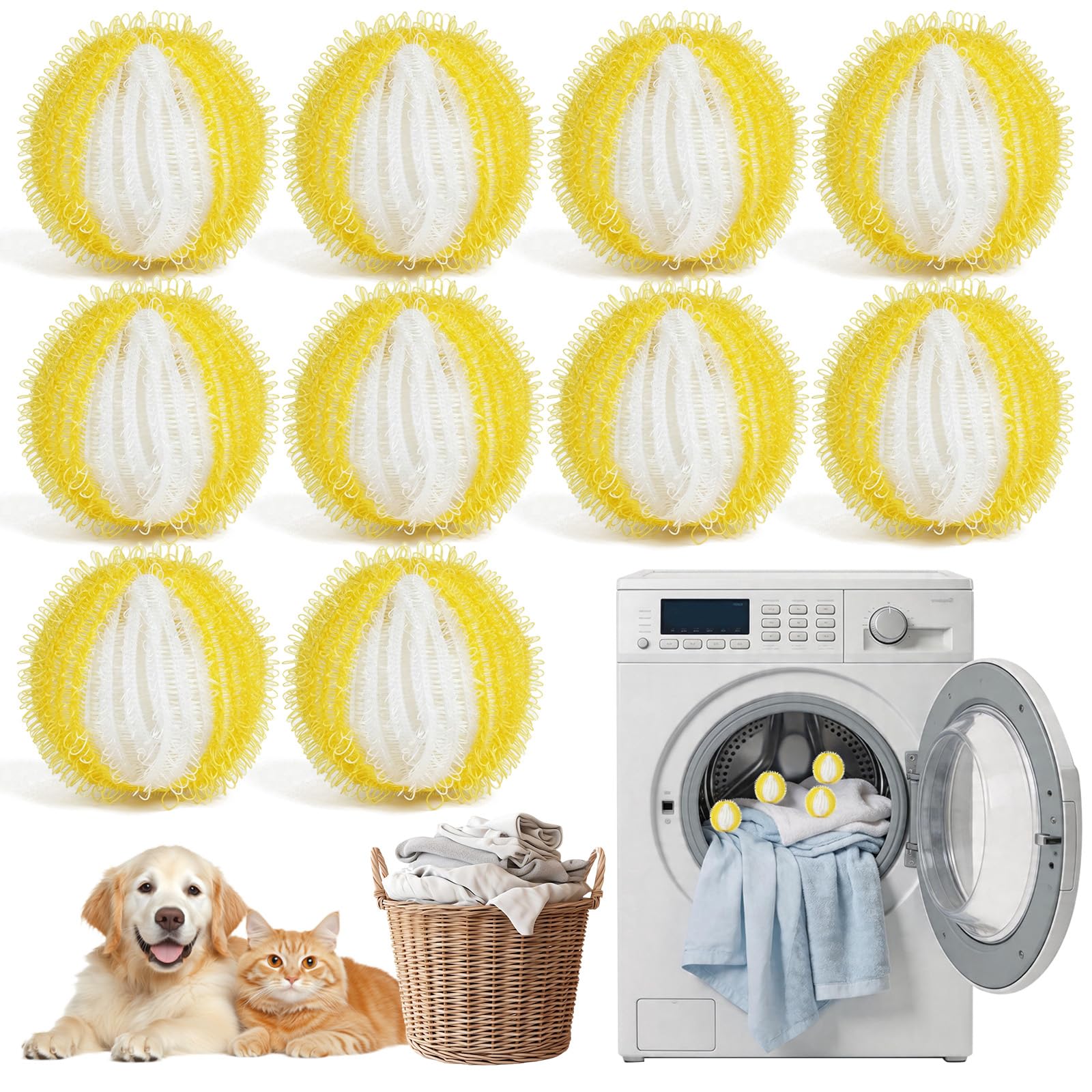 Laundry Balls, 10PCS Pet Hair Remover for Laundry, Reusable Lint Catcher Washing Machines Animal Fur Clothes Hamper Hair Remover for Laundry Bedding Clothes（10,Yellow)