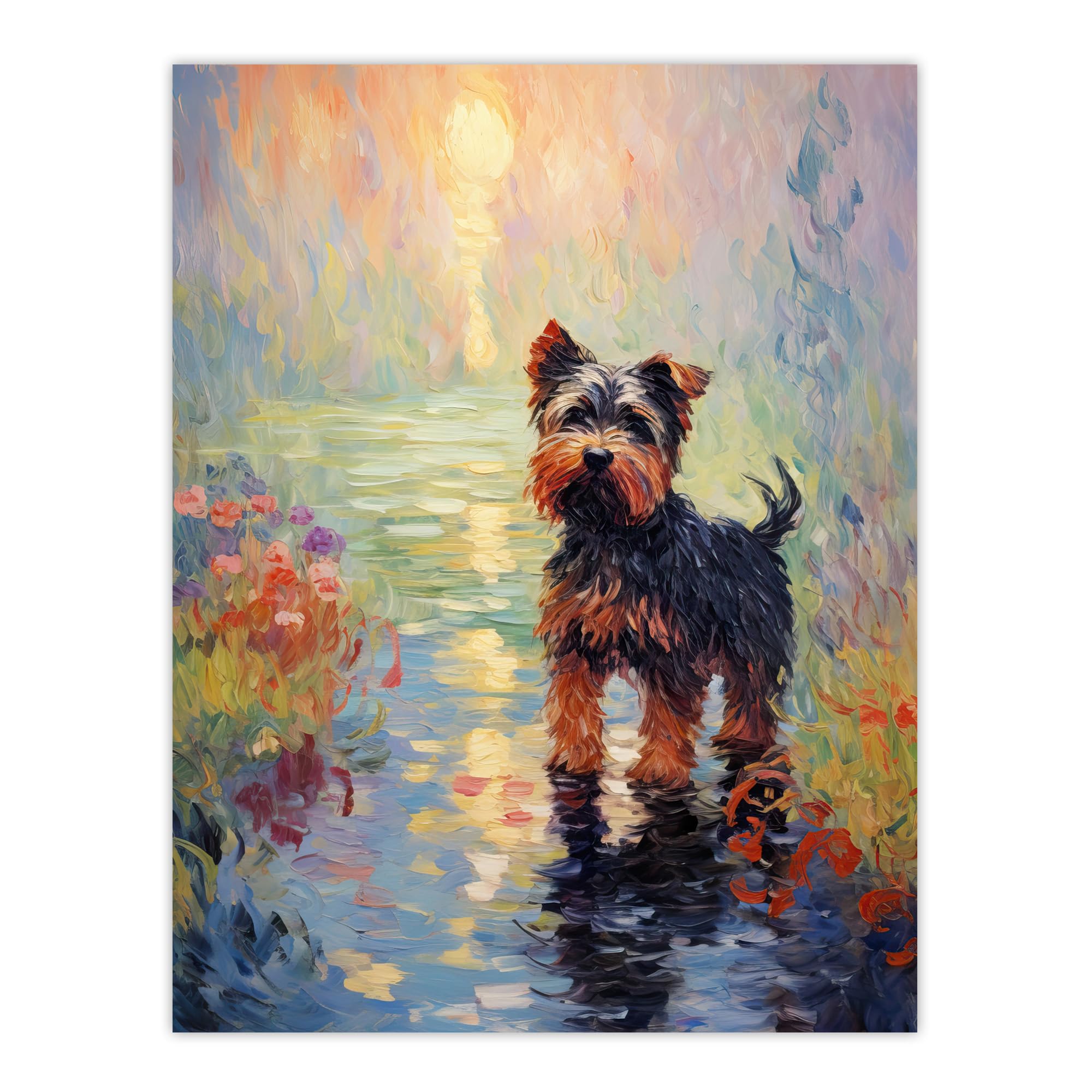 Artery8 Yorkshire Terrier Claude Monet Style Dog Oil Painting Sunrise Walk By Lake Extra Large XL Wall Art Poster Print
