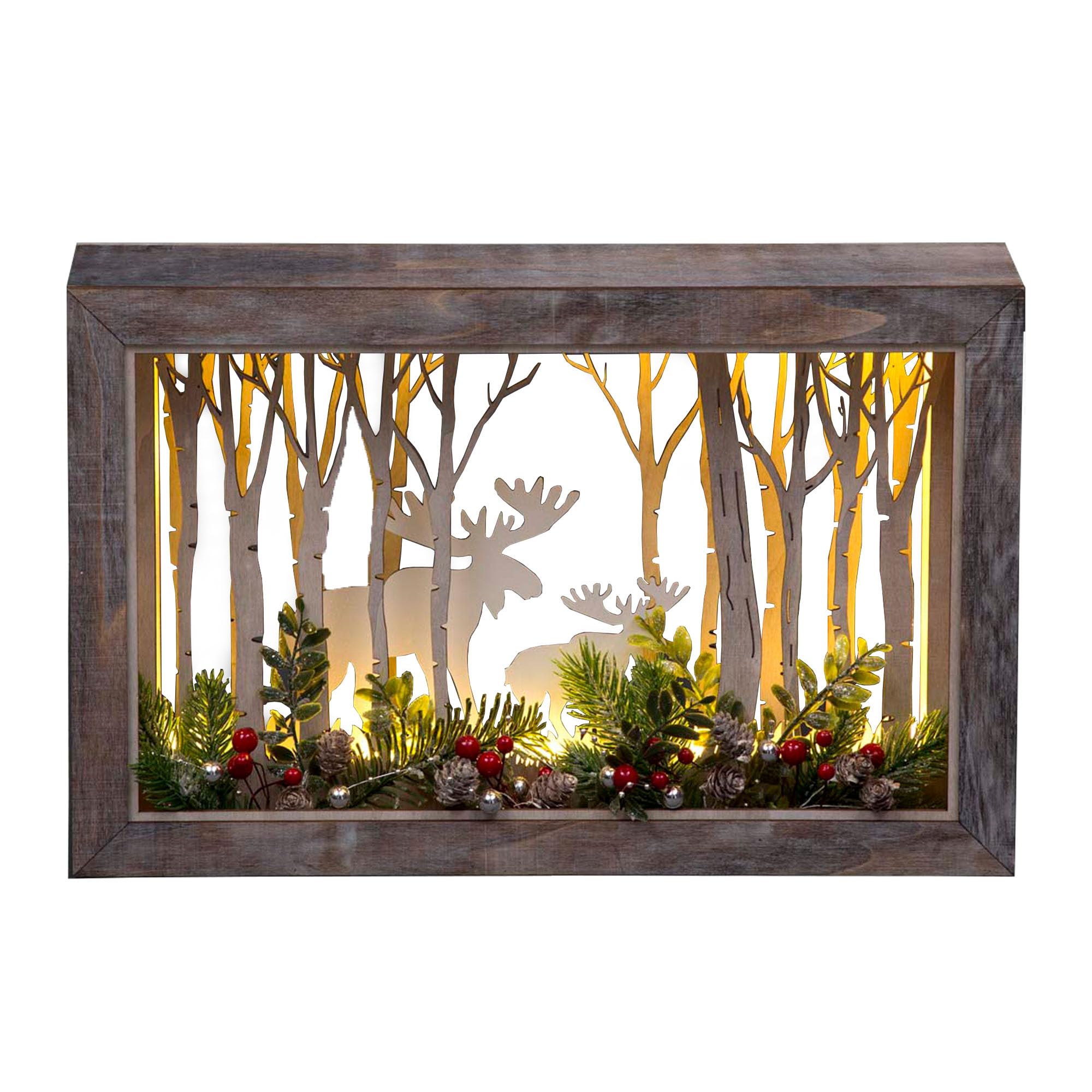 Shatchi B/O LED Wooden Reindeer Scene - Rectangle - W45xD8.5xH29cm - Brown