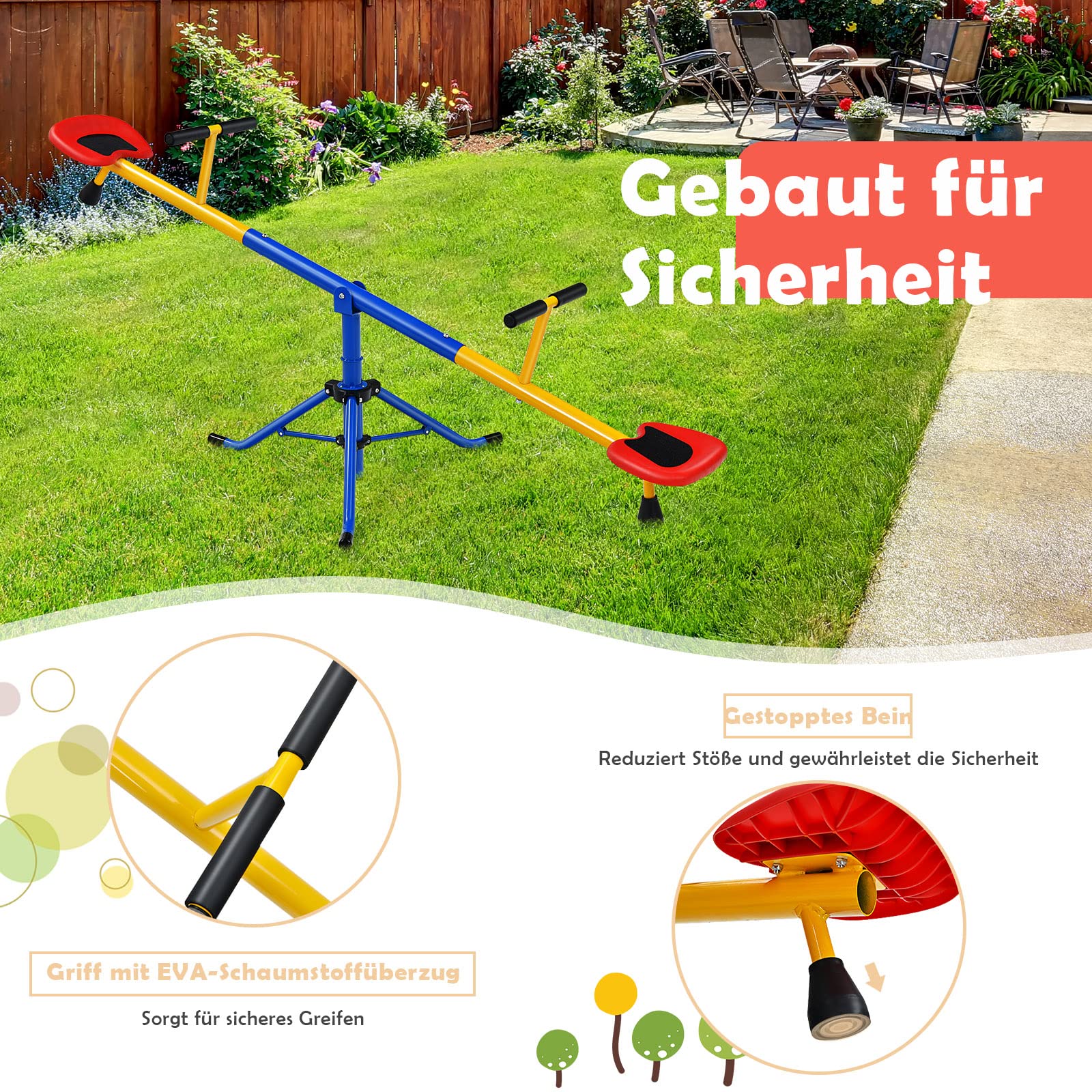 GOPLUS Kinderwippe 360-Grad-drehbar, 2 Sitzer Gartenwippe mit Dämpfer und Gepolsterter Griffe, Wippschaukel aus Kohlenstoffstahl, für Drinnen und Draußen, für Kinder von 3 bis 8 Jahre