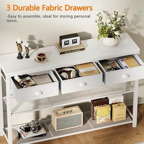 Miniatura 4 de Furologee Mesa de entrada blanca, mesa de sofá consola de 38 pulgadas con 3 cajones de tela, mesa de entrada industrial con estantes de