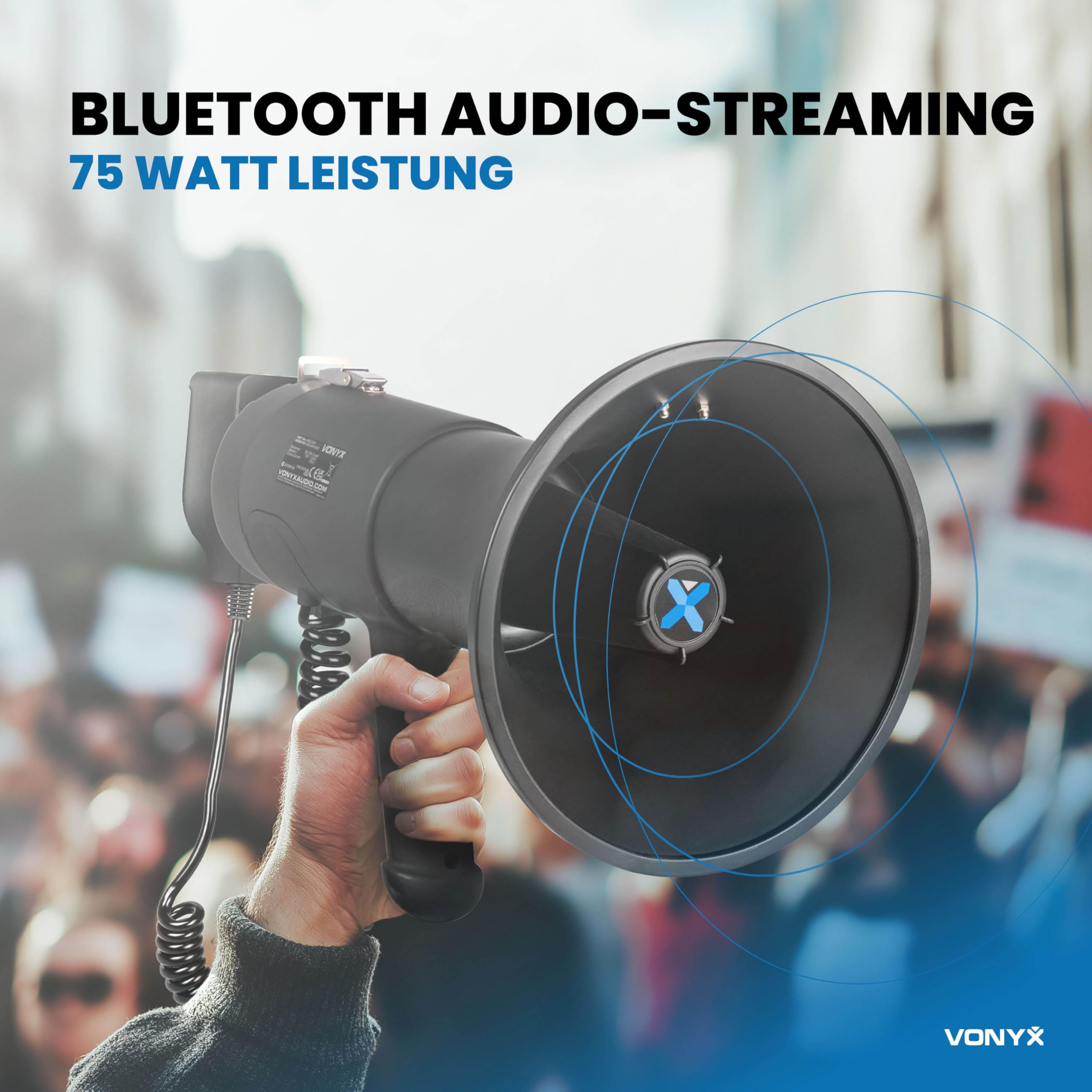 Vonyx MEG075 - Akku Megafon mit Sirene und Mikrofon, Bluetooth, Aufnahmefunktion, Leistungsstarkes 75W Megaphon mit Mikrofon, bis 1300 Meter, USB, SD, MP3 & AUX, Megaphon mit Umhänge-Gurt, Schwarz