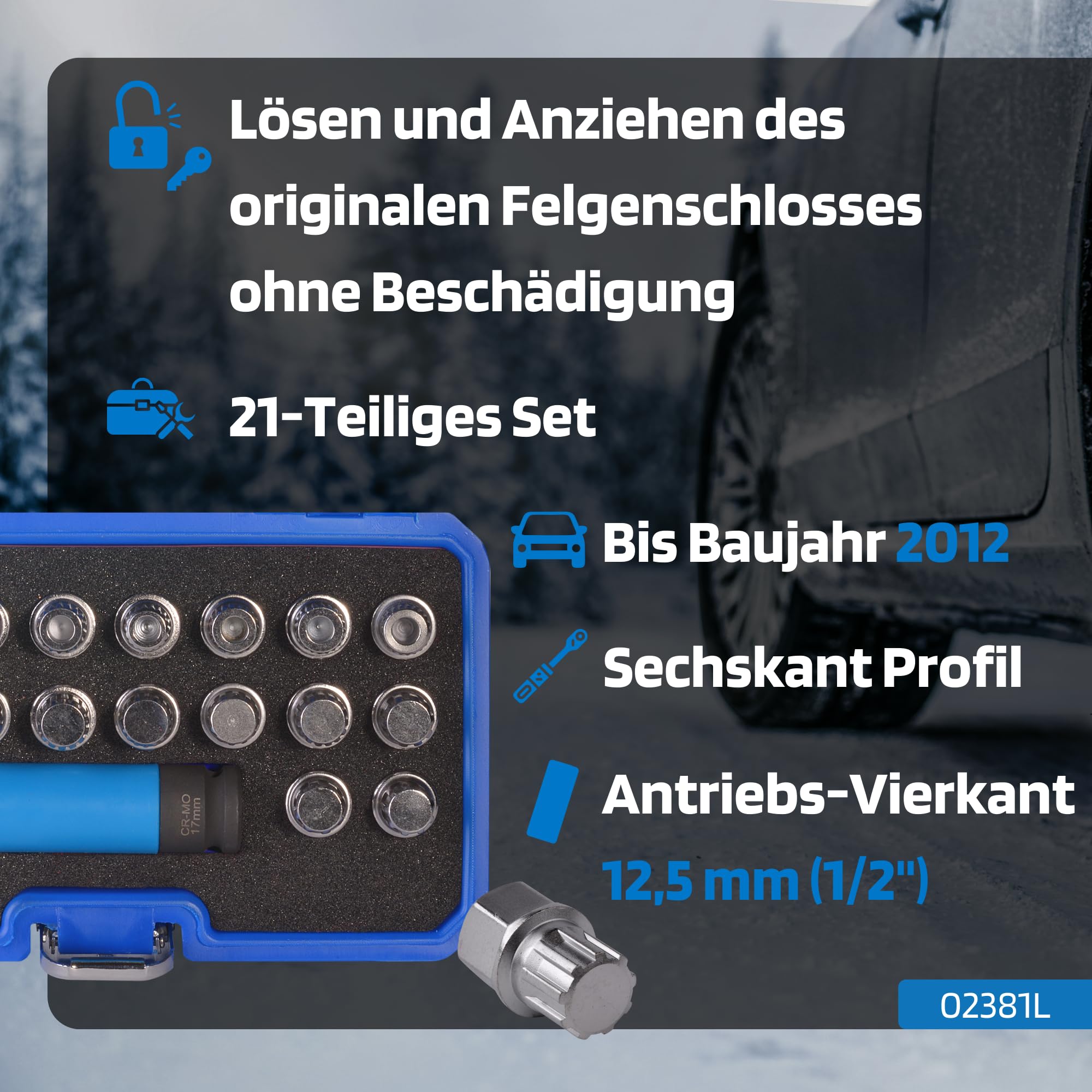 SW-Stahl 02381L Zestaw do Demontażu Zamka Felg, 21-częściowy, Klucz do Kół | Narzędzie do otwierania zabezpieczenia kół, 20 adapterów i nasadka 17 mm ze stali Cr-Mo, do pojazdów do 2012 roku