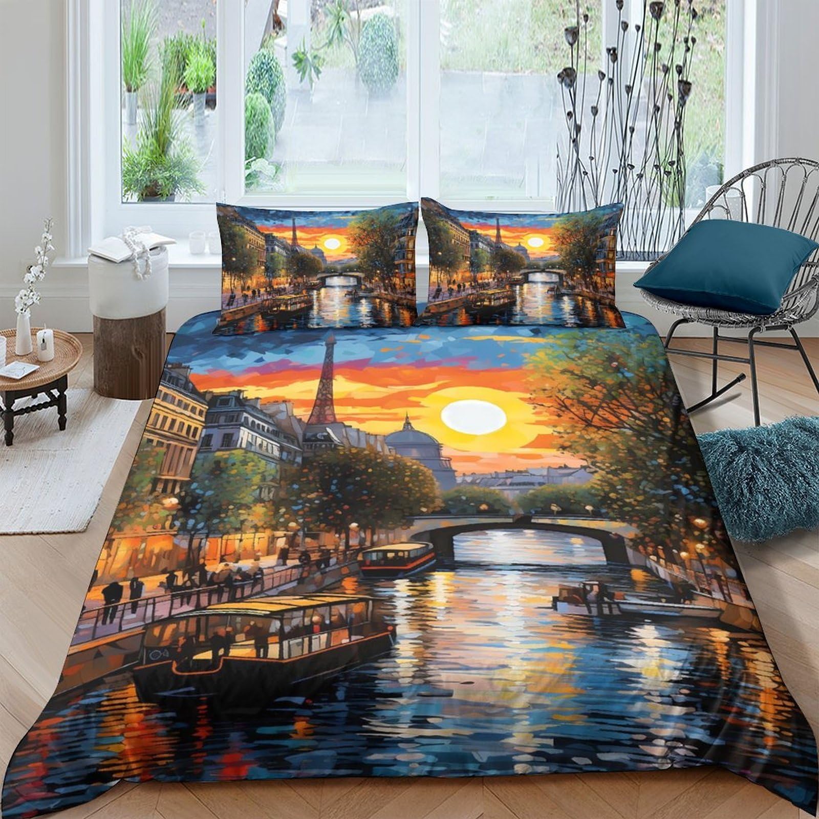 Ctjqhvkz Style-1 3D Printed Sunset River View Fitted Sheet Microfiber Artistic Paris Bridge Mattress Cover For Bedroom Guest Room Decor Single（135X200cm）
