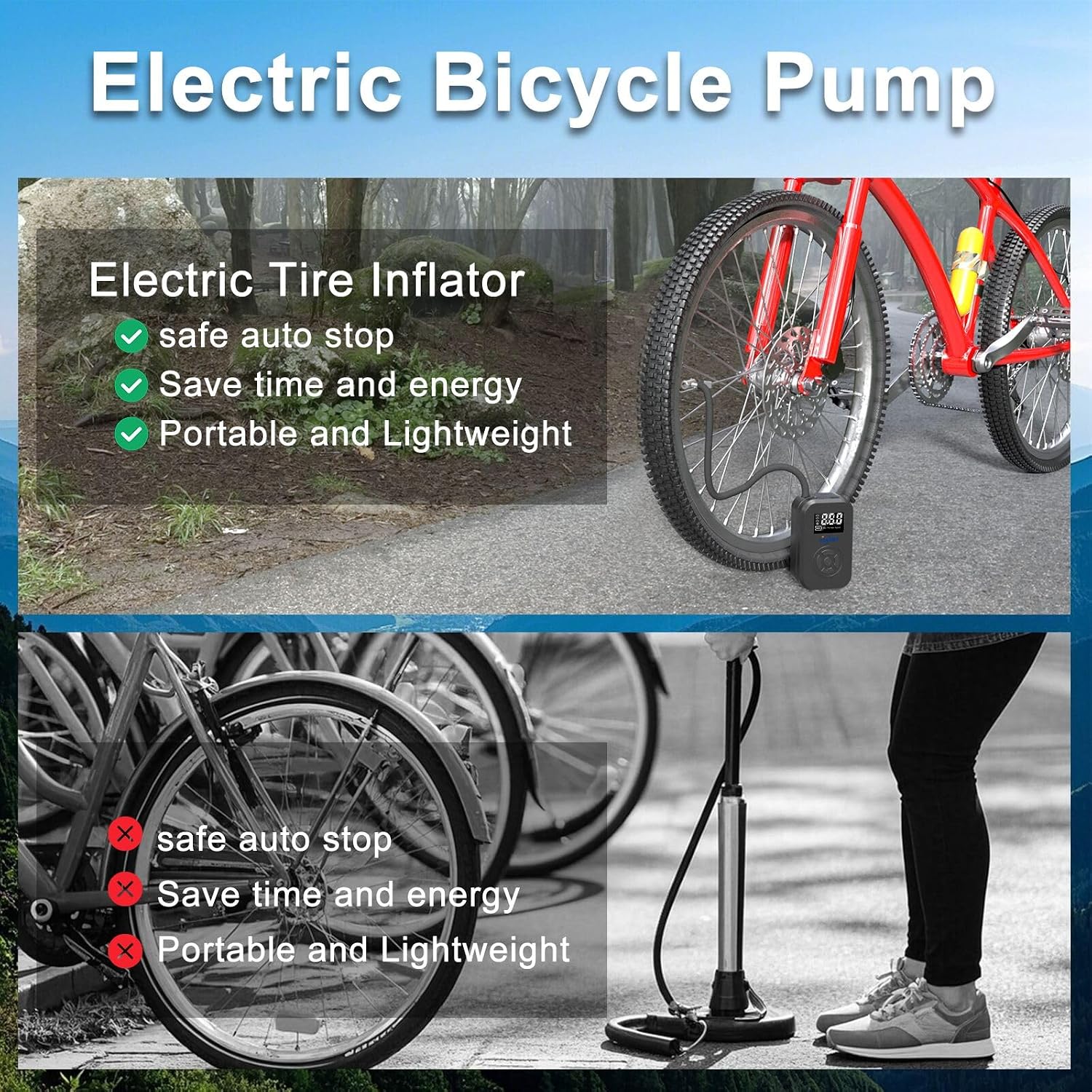 Air Pump Bicycle Pump Tire Inflator Portable with Tire Pressure Gauge 4000mAh&130 PSI Auto-Off Tire Pump with LED Light Air Pump for Bicycle, Bike, Motorcycle