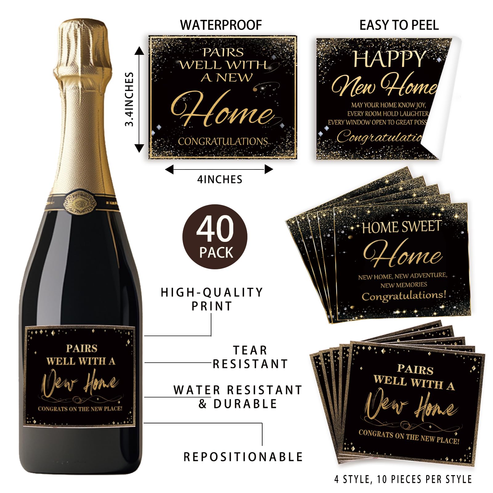 SUPERDANT 40pcs Housewarming Party Wine Bottle Label Champagne Labels Wine Bottle Sticker for Congrats New Homeowner Champagne Labels for Bottles Party Label Stickers Covers Housewarming Gifts