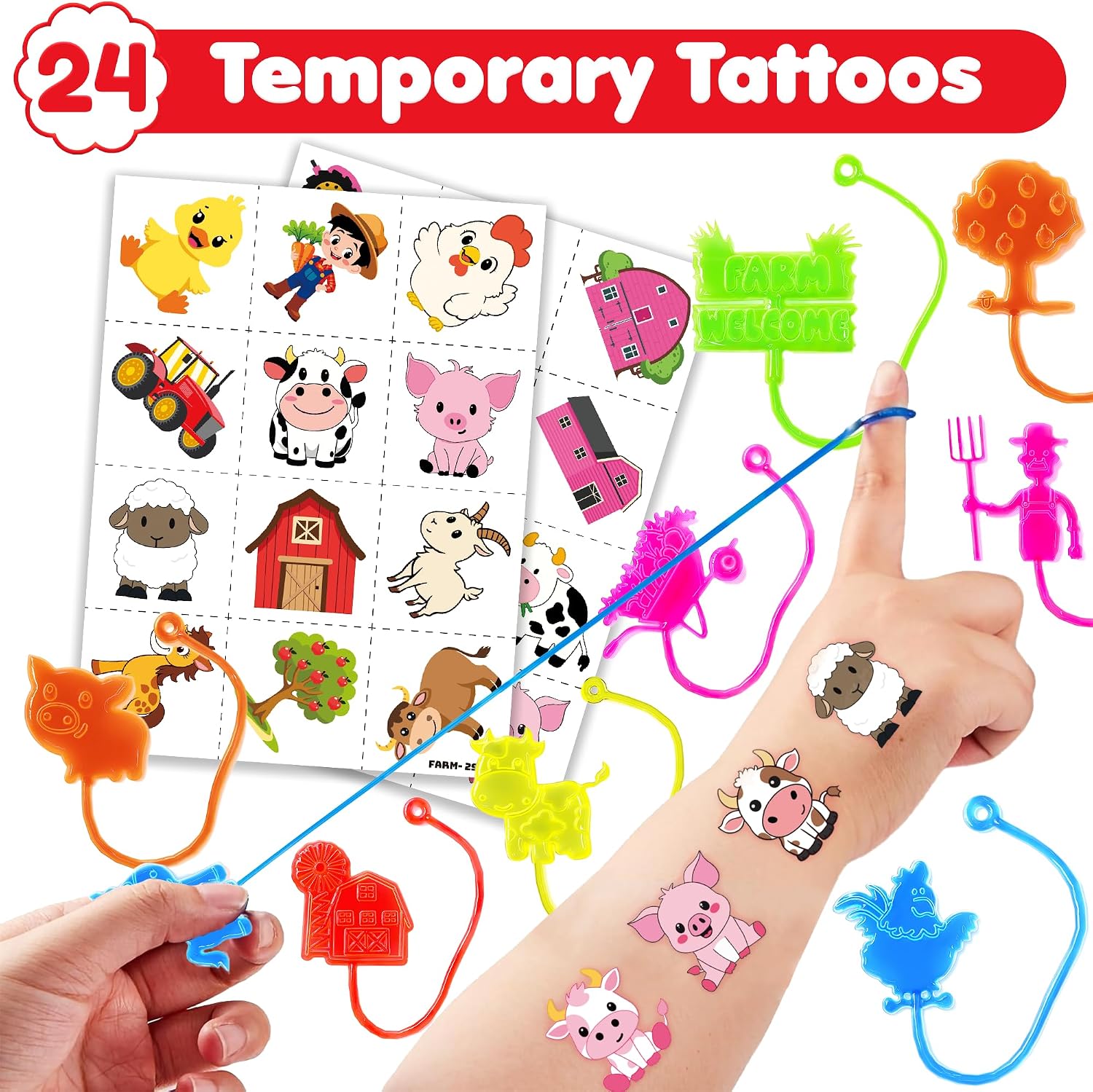 48PCS Farm Party Favors for Kids - 24 Temporary Tattoos & 24 Stick Hands image 2