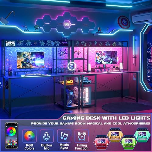 Miniatura 3 de Cyclysio Escritorio para juegos con gabinete, escritorio para computadora de 47 pulgadas con luces LED y tomas de corriente, escritorio de oficina