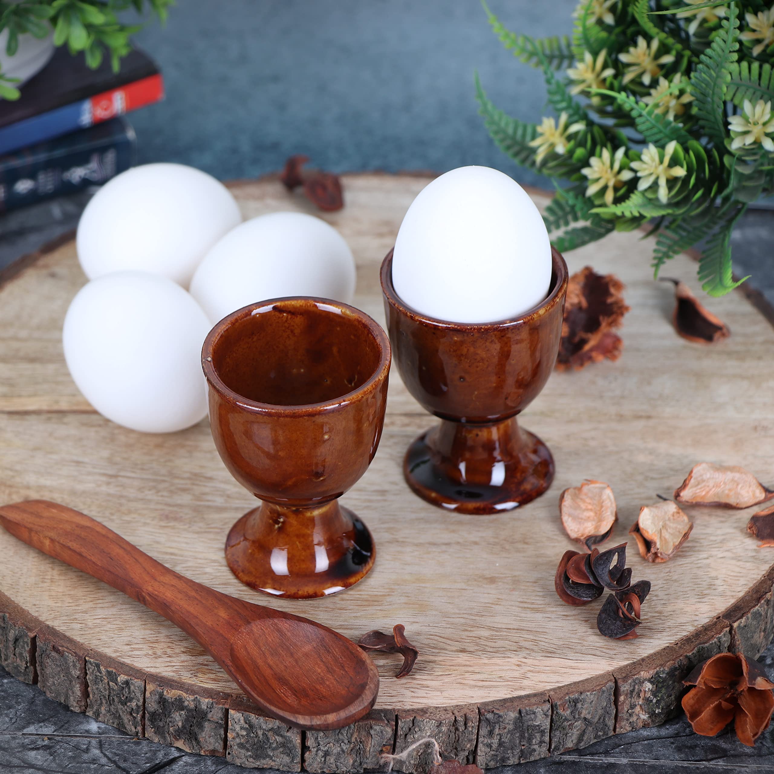 Soft Boiled Egg Holder | Ceramic Egg Cup Set | Ceramic Egg Holder Pottery Housewarming Gift Set of 2 (Brown) 4