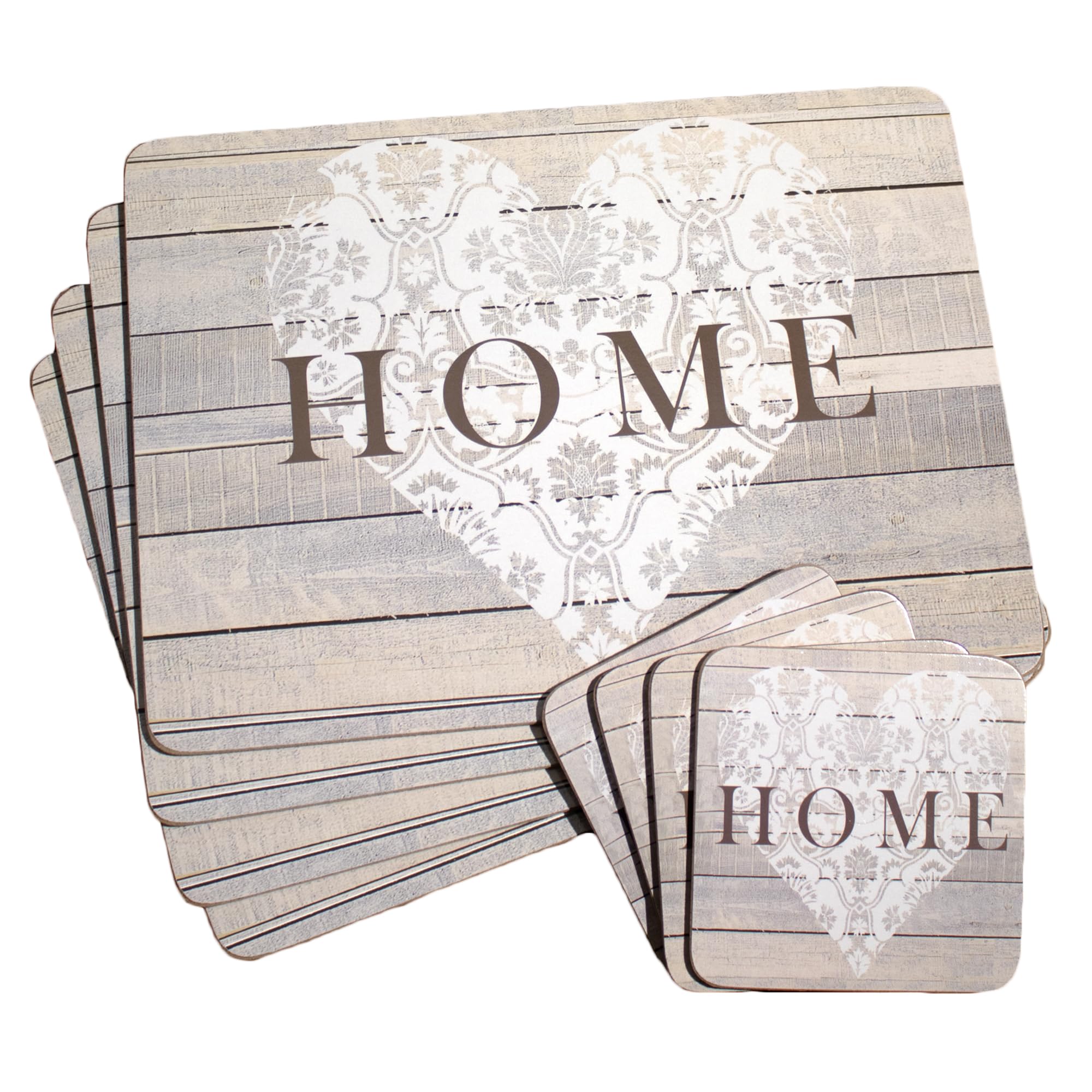 Set of 4 Placemats & Coasters Retro Home Heart Wood Effect Table Settings Mats