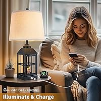 Vista 6 de Lámparas de mesa estilo granja de 25" para sala de estar, juego de 2 lámparas negras con puerto USB y luz nocturna, lámpara de mesa rústica
