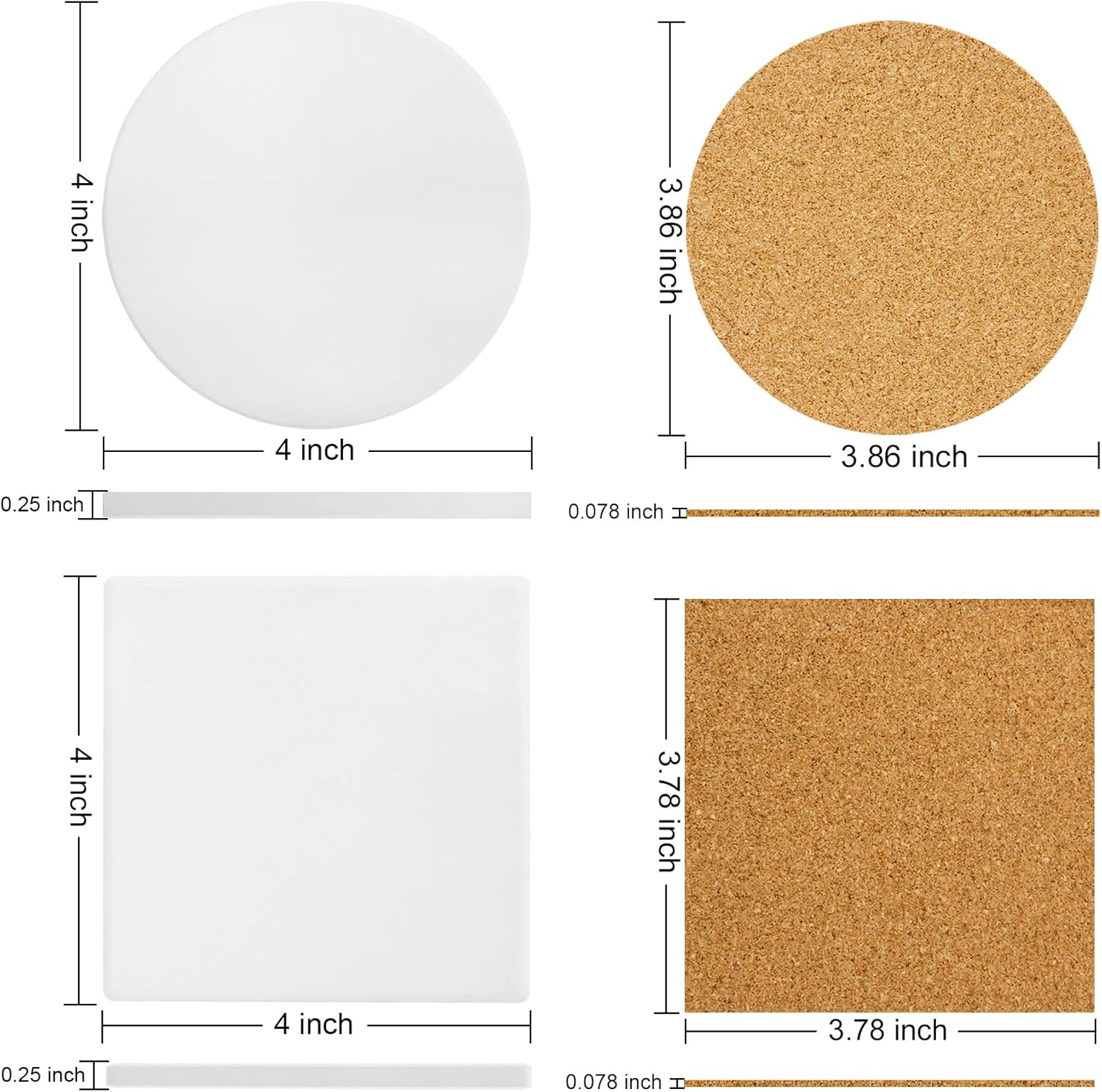 Ceramic Tile for Crafts Coasters, 24 Pack White Tiles Unglazed 4 Inch with 24 Pack Cork Backing Pads Includes Square and Round Ceramic Coasters for DIY Arts Craft Project Coasters