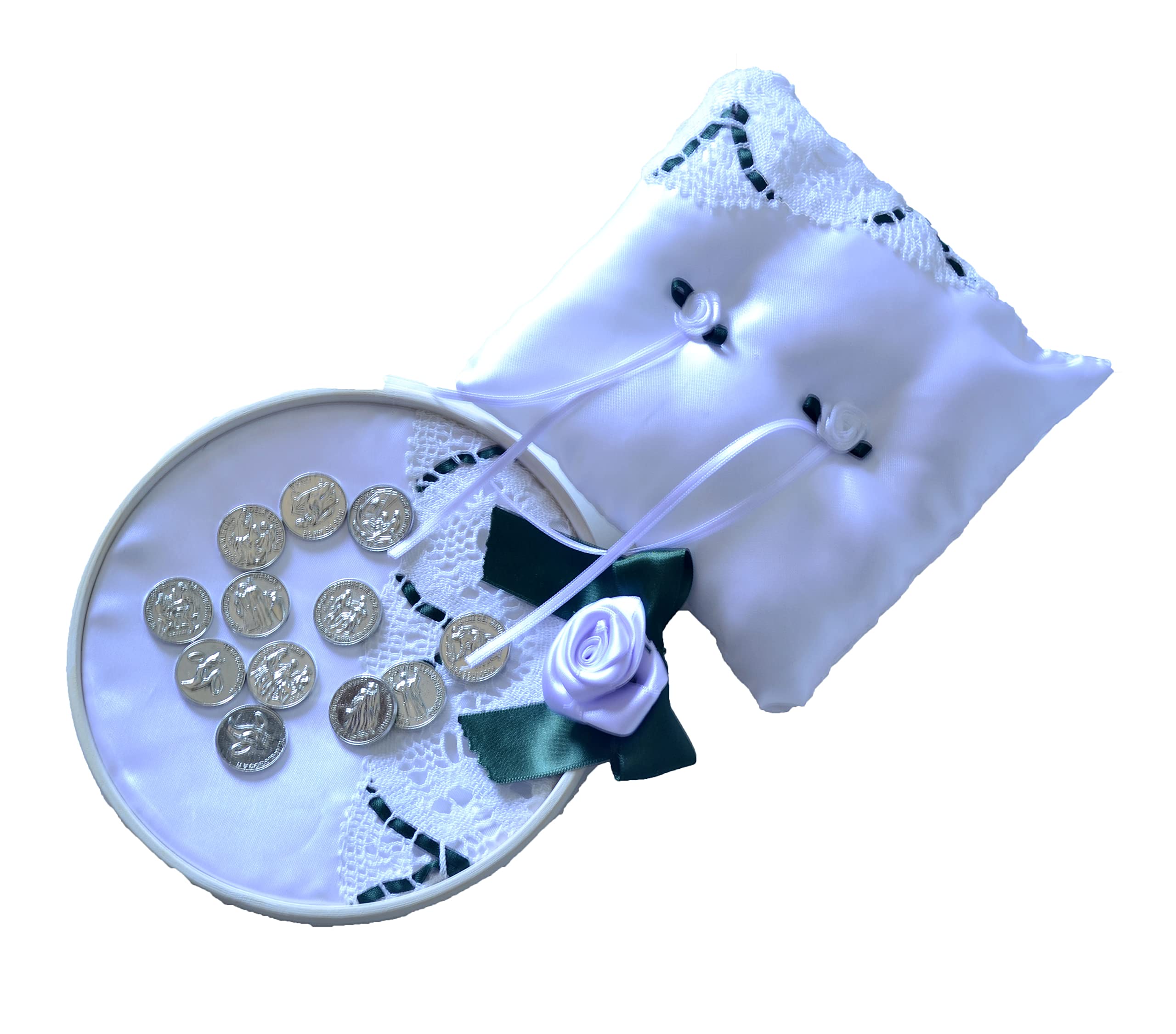 DOCOLASTRA Arras de Boda Biblica Plateadas con Porta-arras redondo y Cojin para anillos a juego realizados por nuestros artesanos para llevar a la Iglesia.