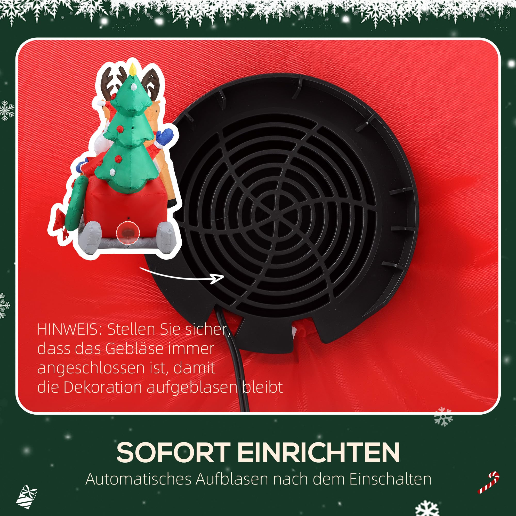 Outsunny 216 cm Aufblasbarer Weihnachtsmann auf Schlitten mit 2 Rentier | Weihnachtsbaum, Aufblasbare Weihnachtsdeko, Eingebaute LED-Lichter, Weihnachtsdekoration, für Rasen Hof Garten