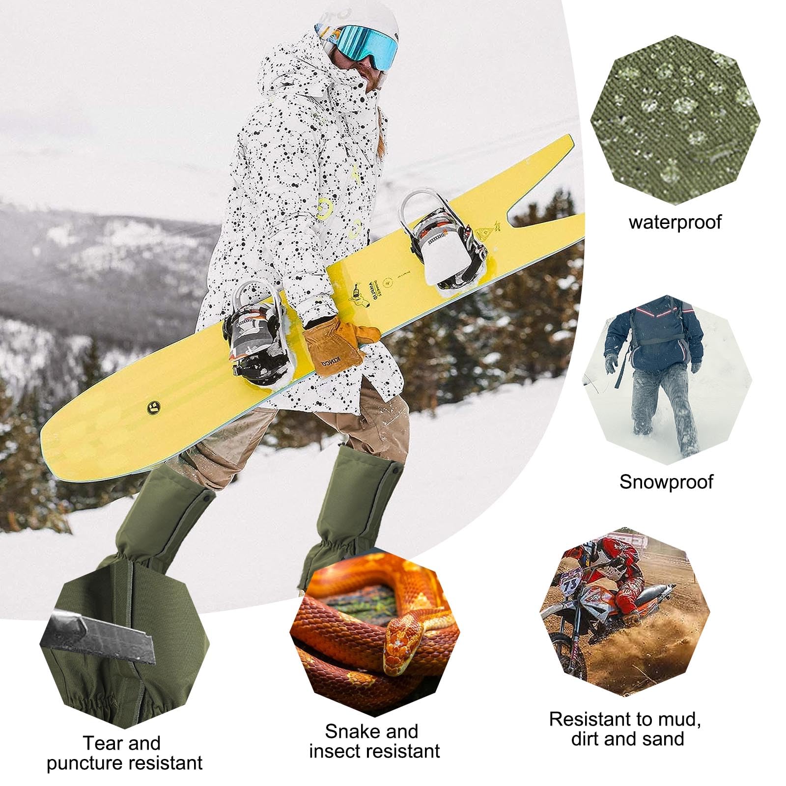 Polainas Impermeable Senderismo Transpirable Nieve Ajustables Botas Montañismo Tejido Nylon 600D Antidesgarro