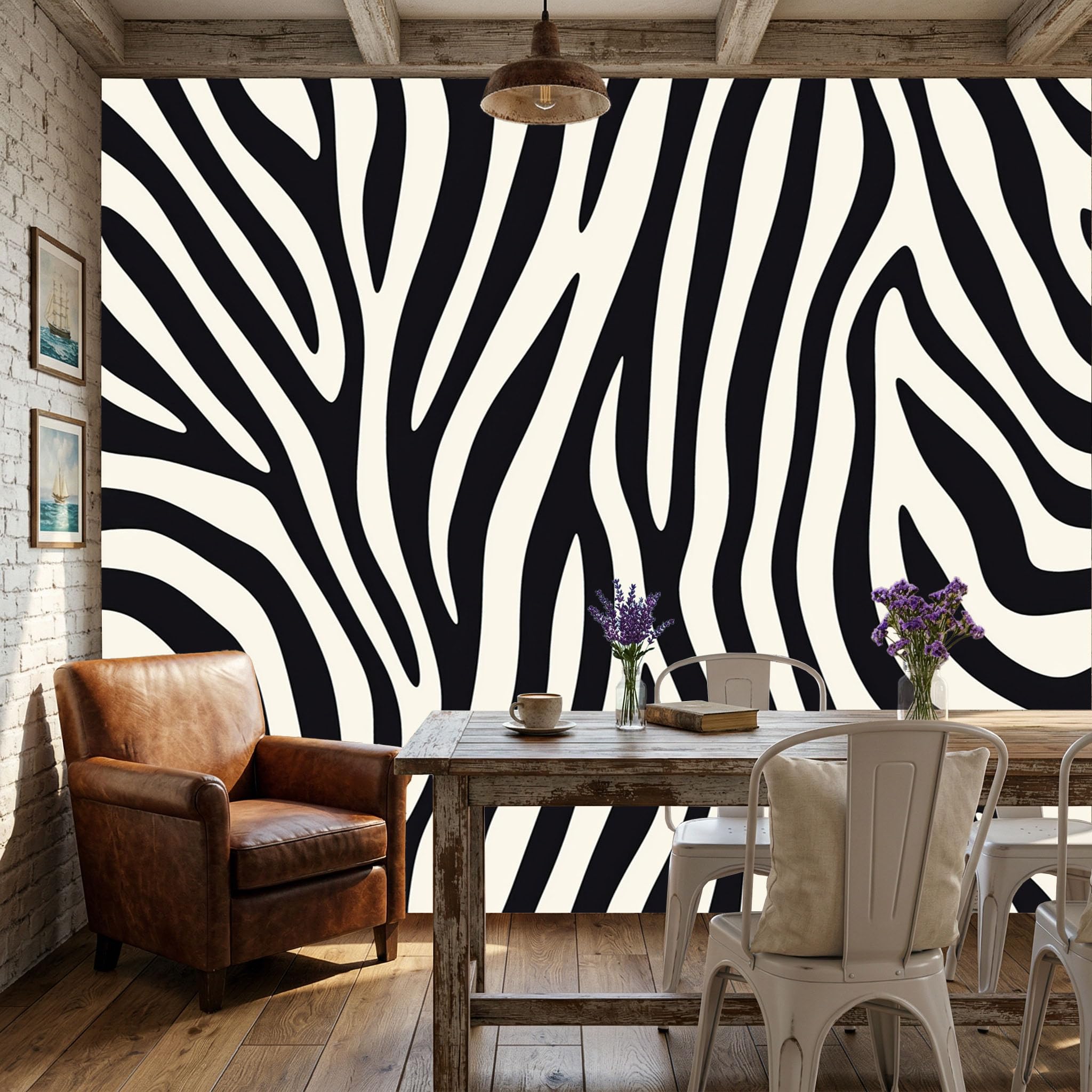 Papier peint géométrique abstrait noir motif animaux sauvages salon