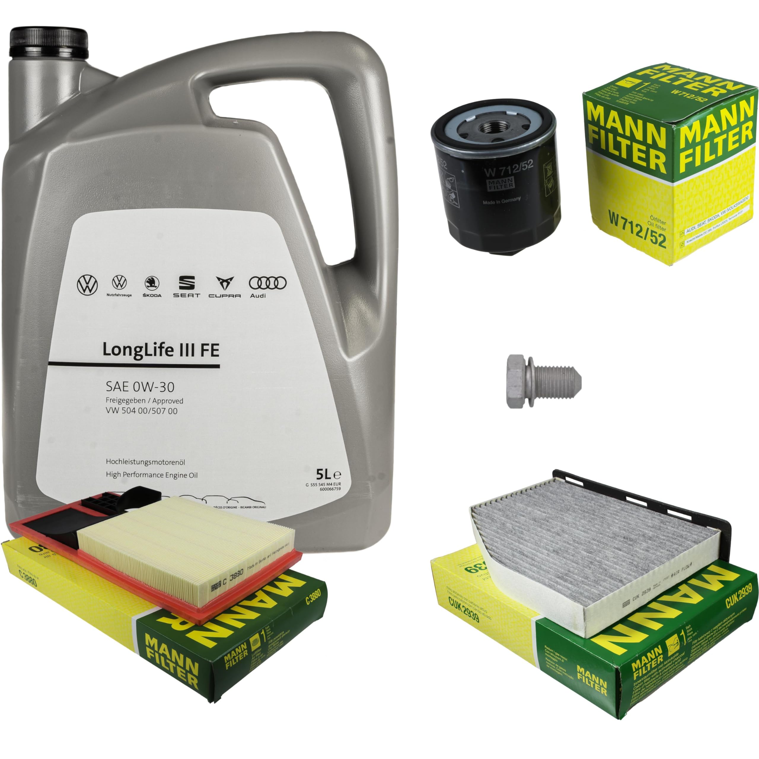 Pacchetto di ispezione pacchetto di manutenzione filtro con 5 l 0W-30 olio motore LongLife 3 FE, filtro dell'olio, filtro dell'aria abitacolo (carbone attivo) vite di scarico dell'olio
