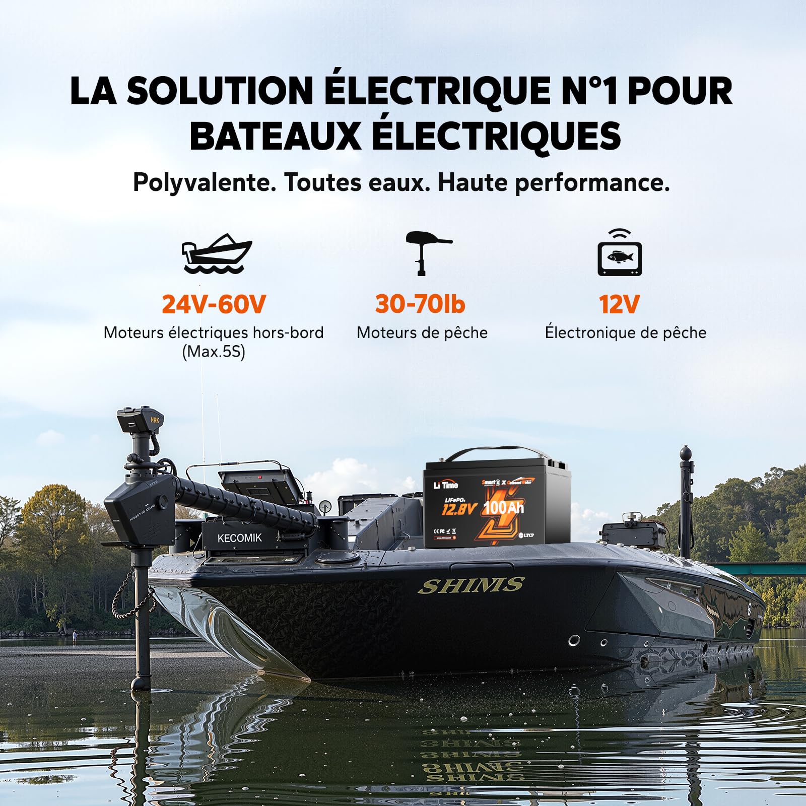 LiTime Batterie Lithium 12V 100Ah Bluetooth pour Moteur Electrique Bateau | LiFePO4, 100A BMS, Max. 15000 Cycles, Énergie 1280Wh, IP65, Protection Anti-froid, Max 4P4S, pour Bateaux, Yachts, Pêche