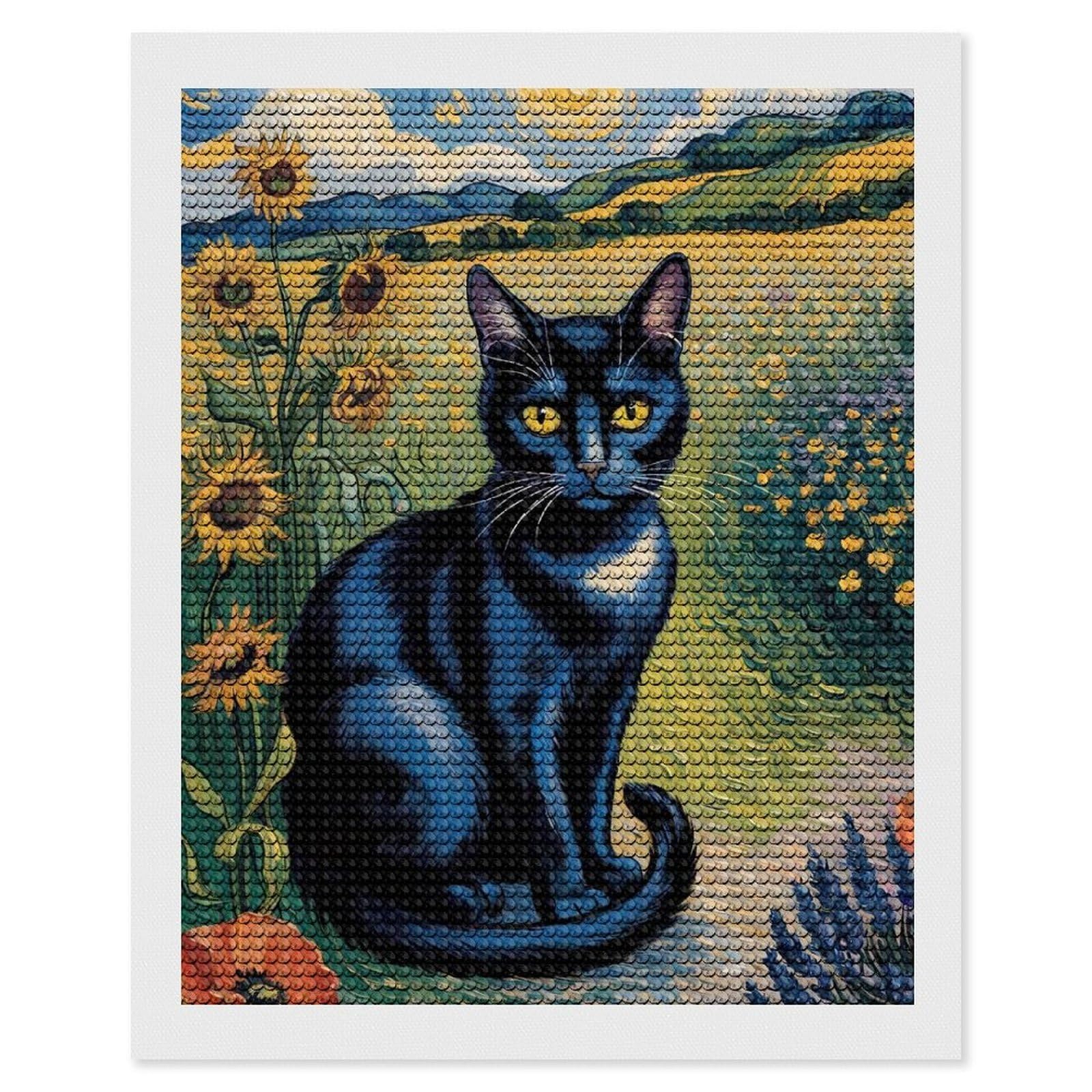 Junmoney Black Cat in Sunflower Field Painting Diamond Painting Canvas Set 16"x20", Easy to Enjoy, Adhesive Canvas, Office Decor, Holiday Gift Idea, with Tool Kit