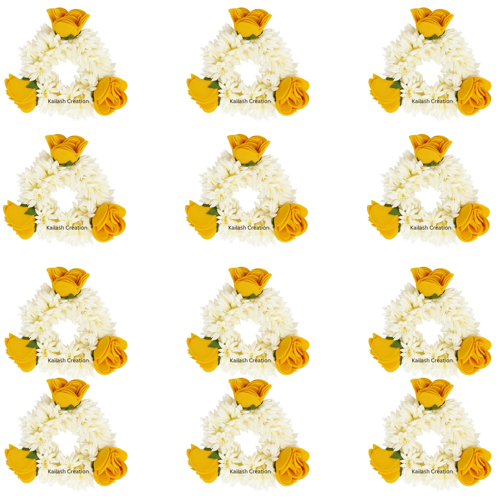 Kailash Creation Artificial Mogra Gajra for Hair Bun & Braids | Scented Jasmine Flower Hair Accessory | Reusable Traditional Bridal Gajra for Women & Girls Stylish (Pack of 12, Yellow - Haldi)