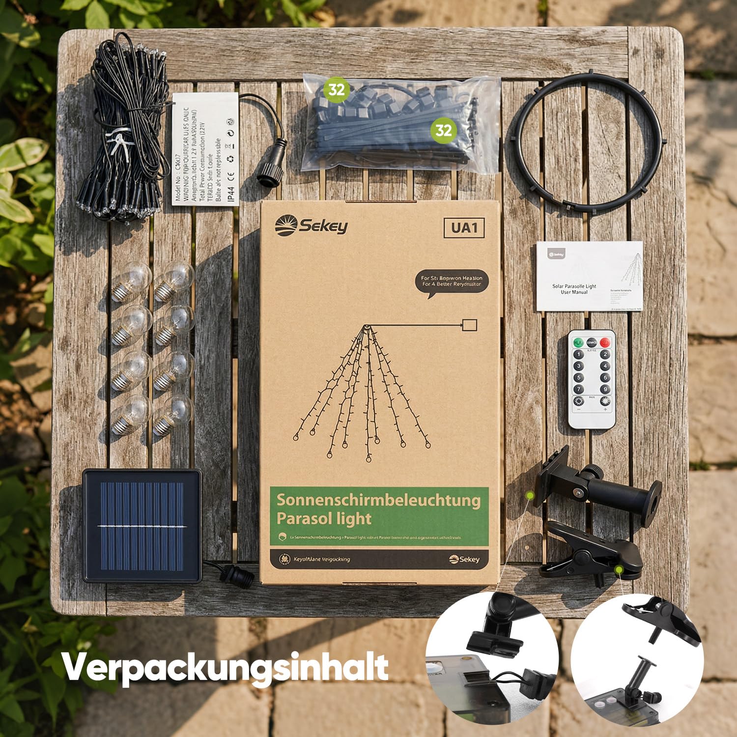 Sekey Luz para Sombrilla Solar con 136 LEDs y 8 Bombillas, Cadena de Luces para Sombrilla, Válida también para Parasol Excéntrico, 8 Modos + Mando a Distancia, para Patio, Exterior