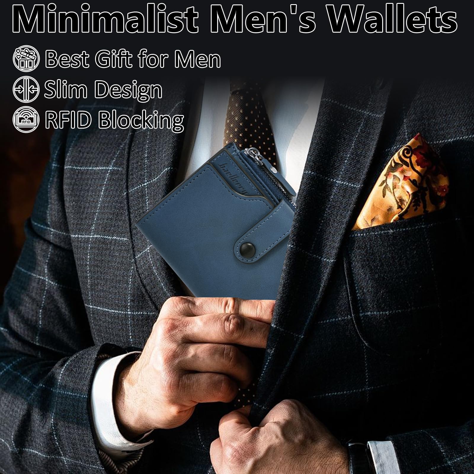 HNOOM Cartera para Hombre con Bloqueo RFID Billeteras con 17 Ranuras Monedero con Cremallera | Regalo Ideal para Hombres | Protección Antirrobo | Cartera Pequeña y Funcional (Azul)
