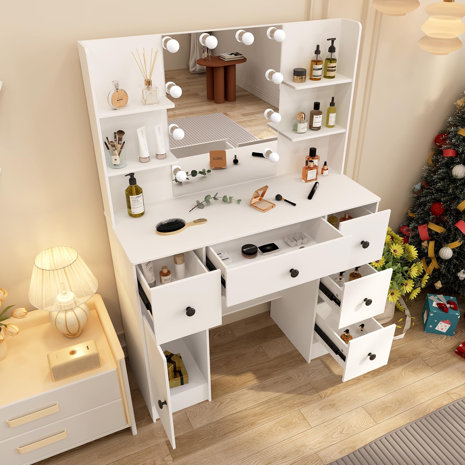 Guanglai Vanity Desk with Large Storage Shelves, Mirror with Lights, Makeup Vanity Set with Drawers & Cabinet, 3 Lighting Color Adjustable, White