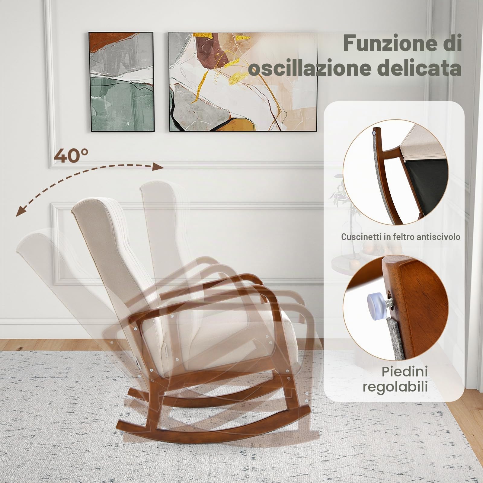 HOMASIS Sedia a Dondolo con Poggiapiedi, Set da Poltrona a Dondolo con Braccioli e Struttura in Legno Massello, Sedia Allattamento per Camera da Letto, Salotto, Fino a 150 kg, 97x65x104cm (Beige)