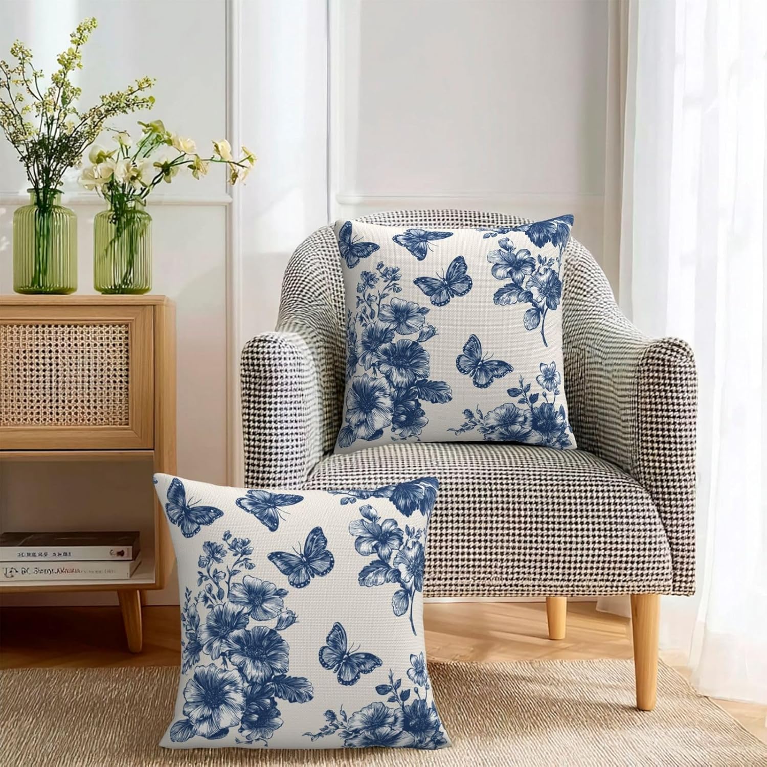 KiuLoam Navy Blue Floral and Butterfly Pillow Covers 24x24 Inch Set of 2, Vintage Chinoiserie Rustic Decorative Throw Pillows, Farmhouse Outdoor Square Cushion Cases for Sofa Couch Bed Home Decor