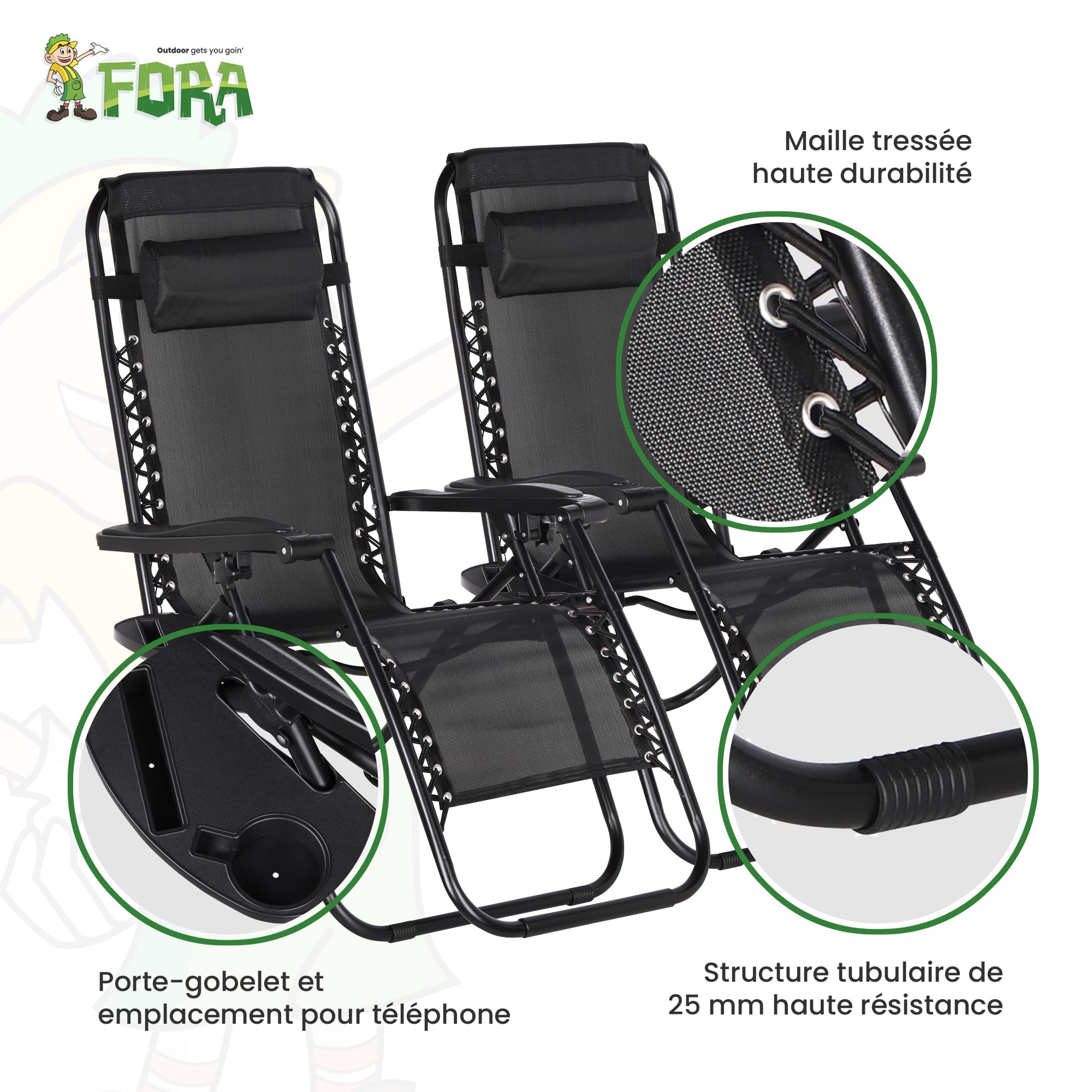 FORA Lot De 2 Chaises Longues de Jardin Pliables – 176×67×110 Cm, Tube 25mm et Toile Aérée, Noir, Inclinables avec Verrou De Sécurité, Coussin Inclus, Pliage Rapide, 120 Kg