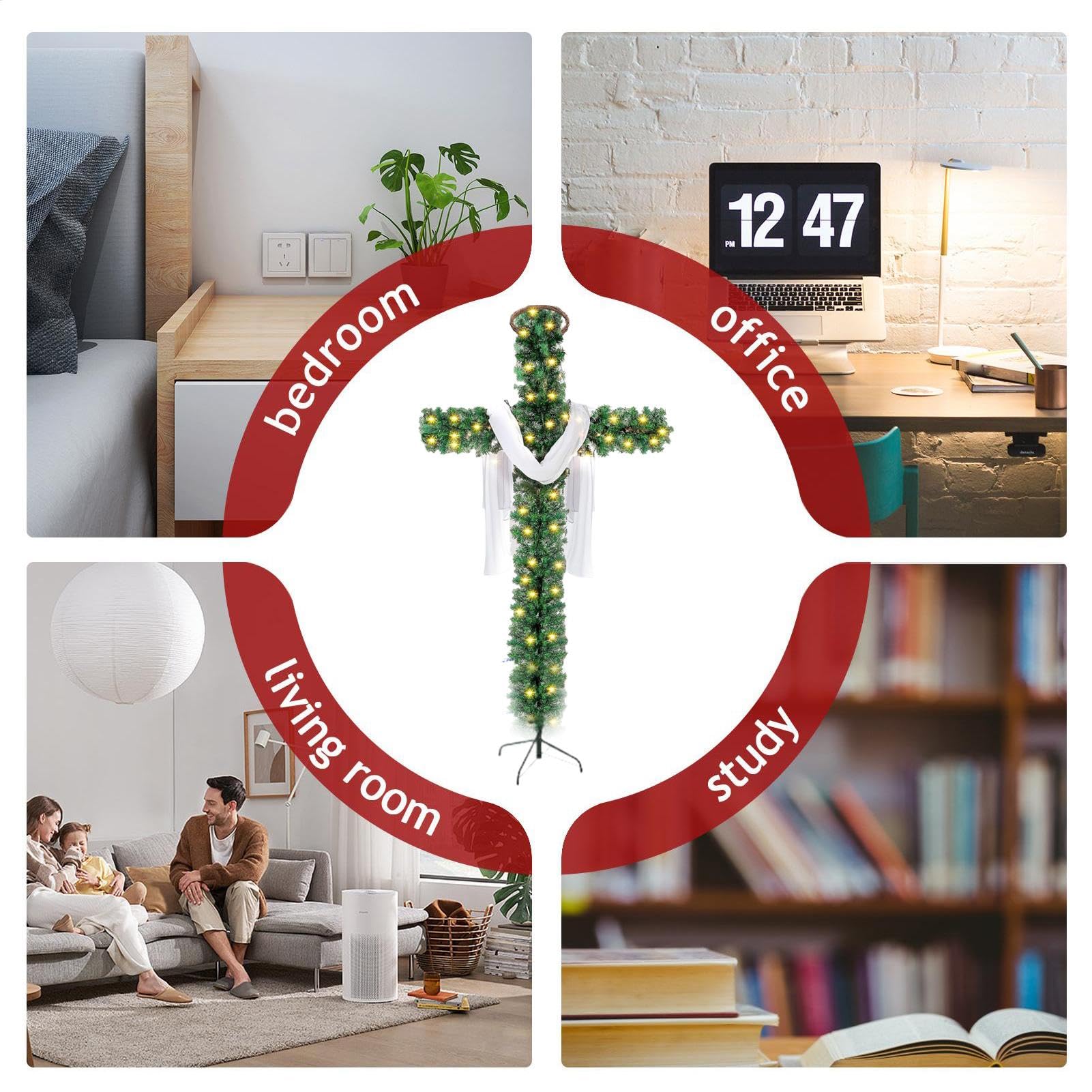 Árbol de Navidad Cruz Plegable - Árbol de Navidad Cruz Con Iluminación, 5 Pies De Pino Artificial Preiluminado, Árboles De Navidad Brillantes Con Bufanda De Seda