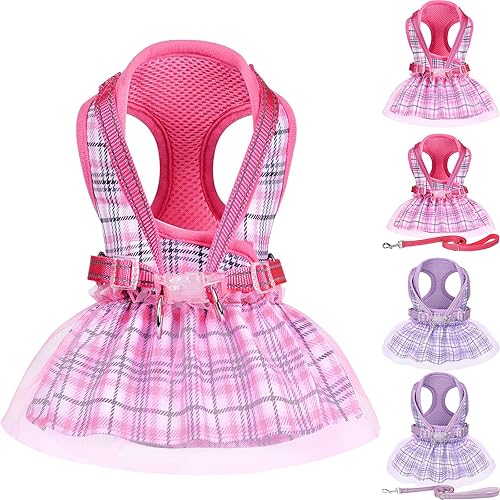 Miniatura 10 de Vestido de arnés para perro, vestido de arnés a cuadros con juego de correa, ropa de verano linda para mascotas, vestidos de cachorro para hembras