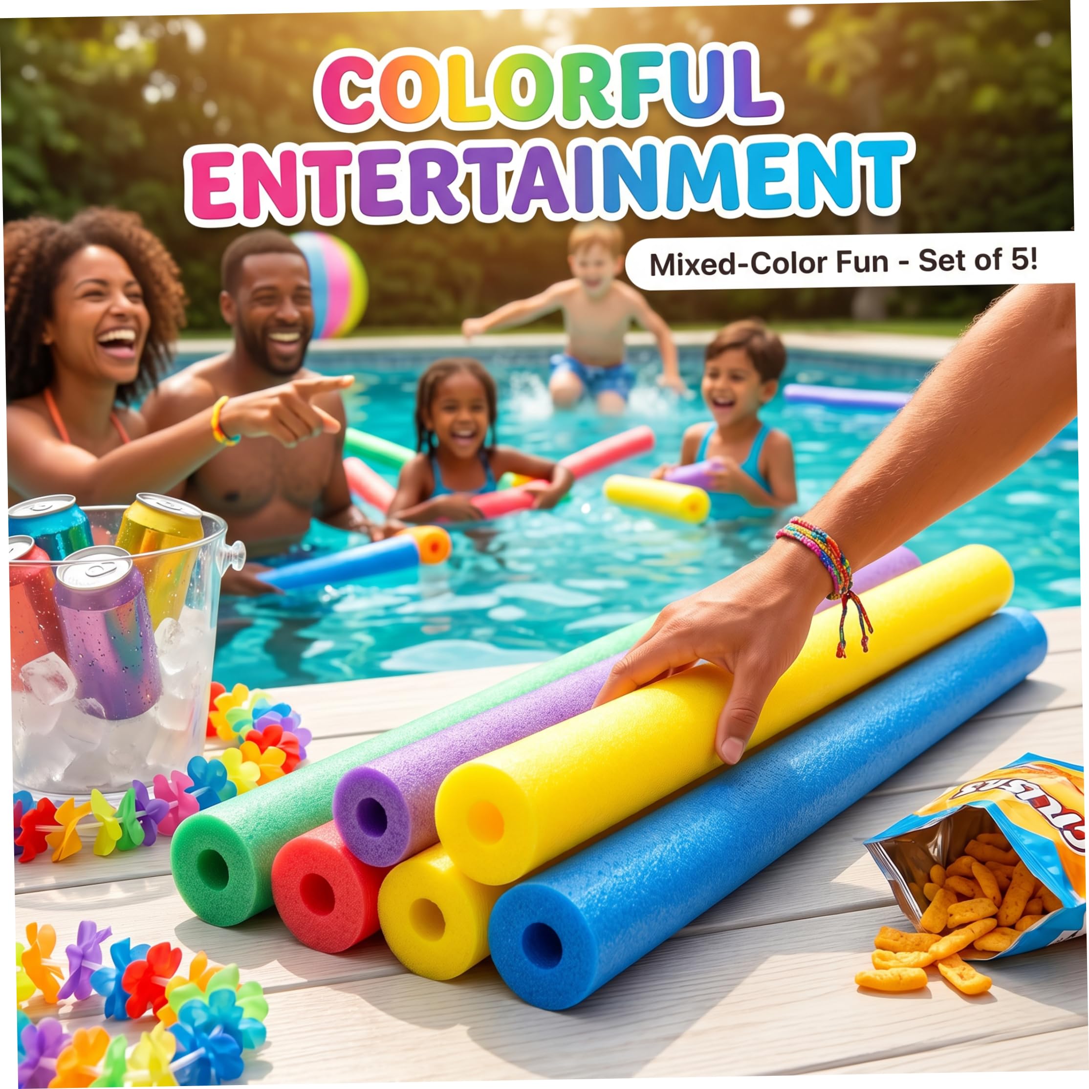 Schwimmnudeln, 5 Stück, große Schaumstoff-Poolnudeln mit Loch – Hohle Poolnudeln für Wasserübungen und Partyspiele, 6 x 150 cm, Schaumstoff