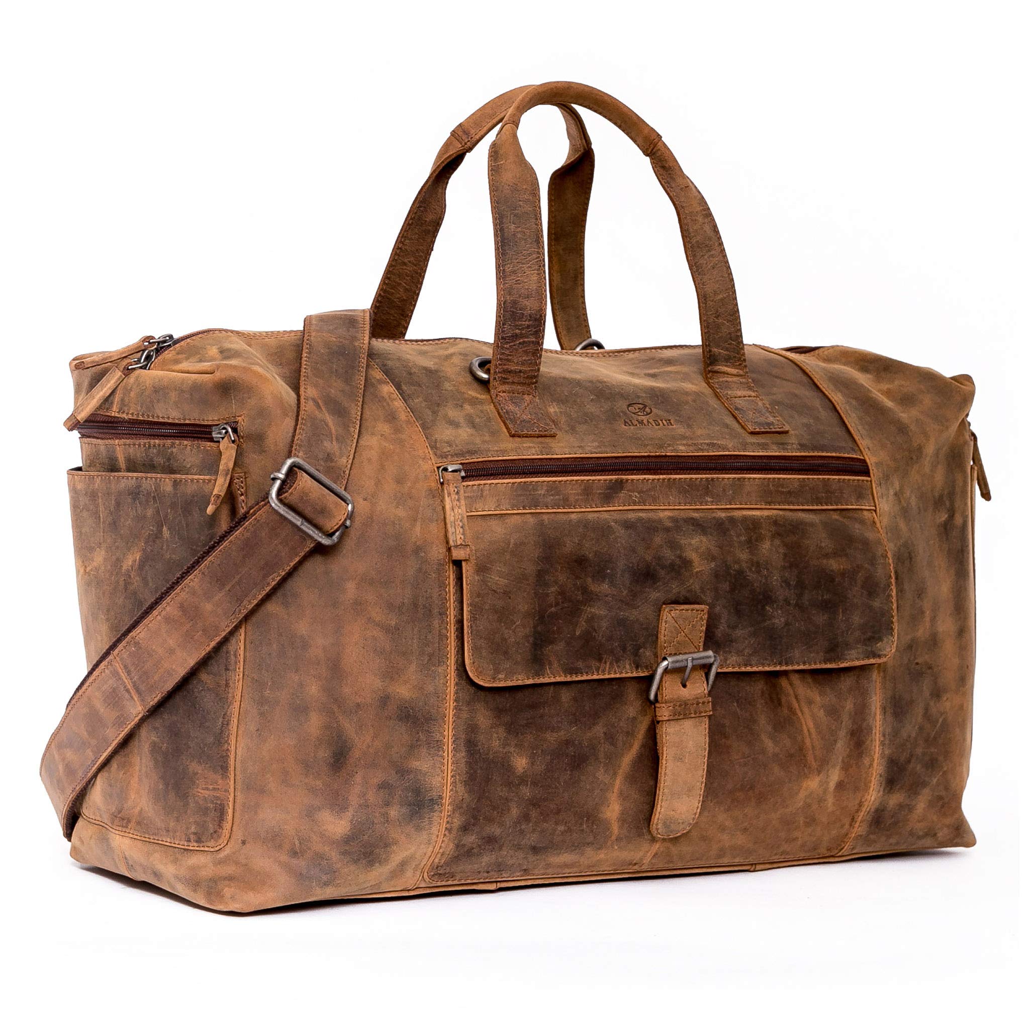 ALMADIH Echt Leder Reisetasche Herren 17 Zoll mit Laptopfach - Sporttasche Aiko braun Vintage - Weekender Handgepäck Gym Fitnesstasche Trainingstasche Damen Leder Umhängetasche (Aiko BV)