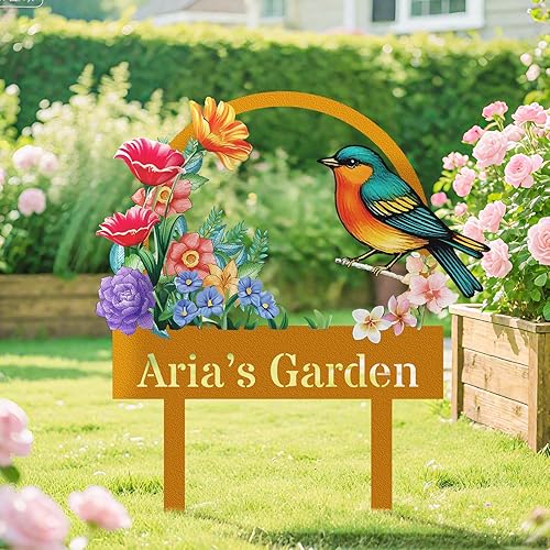 Miniatura 5 de Letreros de jardín personalizados con estacas, arte de metal personalizable con estaca de patio, decoración colorida de jardín de colibrí para