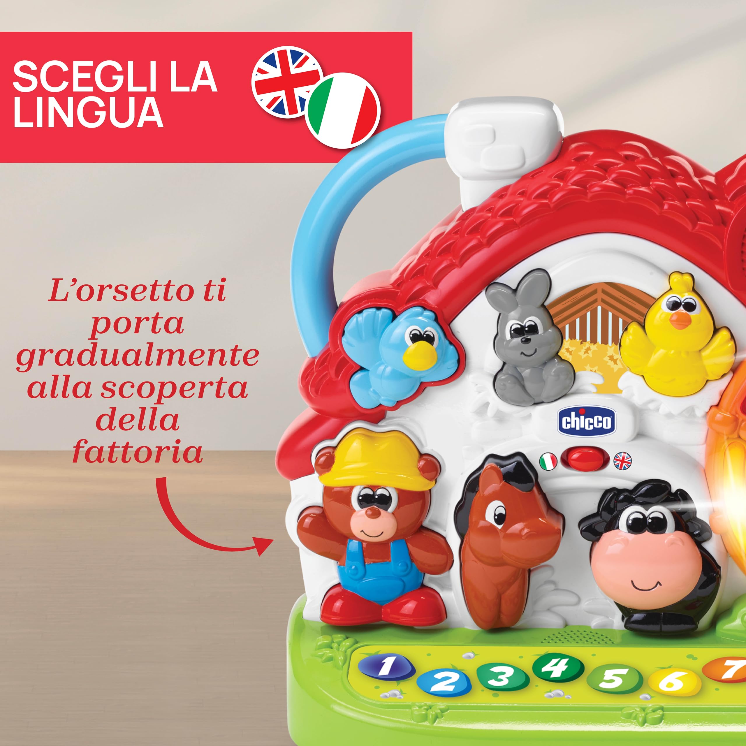 Chicco Fattoria Parlante Bilingue Italiano/Inglese, Fattoria con Animali per Bambini con Luci e Suoni, 3 modalità di Gioco, Gioco Educativo Elettronico - Giochi Bambini 1-4 Anni