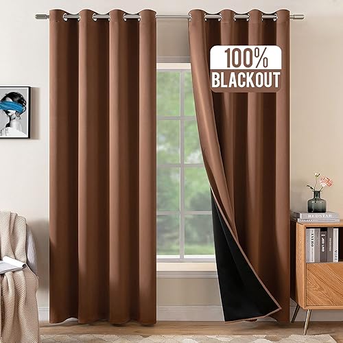 MIULEE 100% Blackout Curtains 63 inches Long Bedroom Window Drapes for Room Darkening Light Blocking and Thermal Insulated for Full Shade Grommets Top 2 Panels Mocha