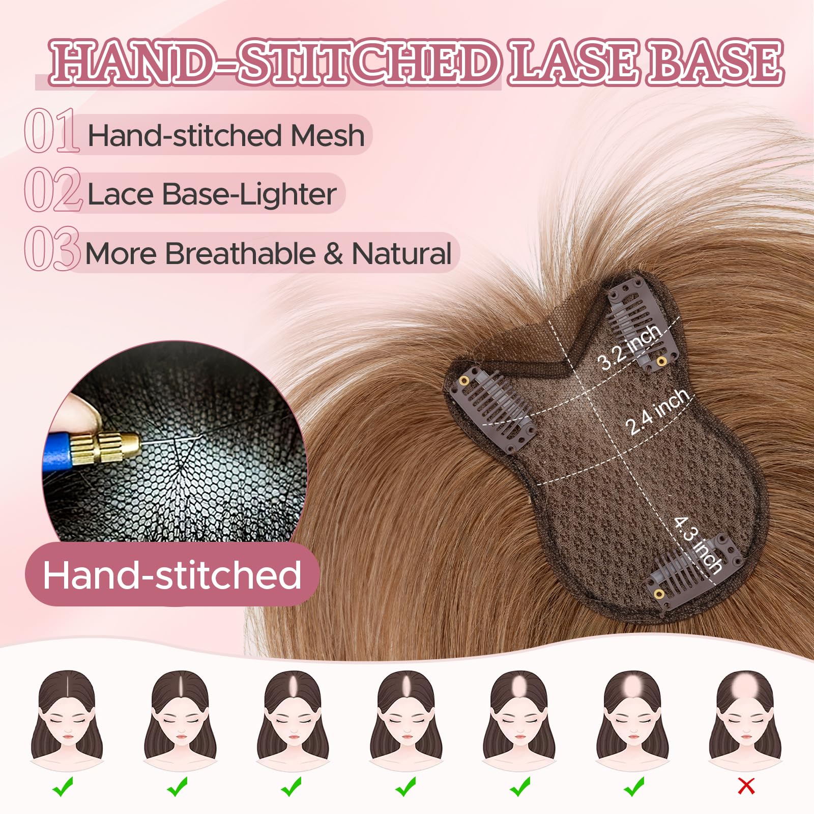 SEGOHAIR Human Hair Topper with Bangs Double-Layer Hand-stitched Thinning Hair Toppers 360°3D Coverage Clip in Bangs Natural for Women Breathable 11inch Chestnut Brown,21g - Image 3
