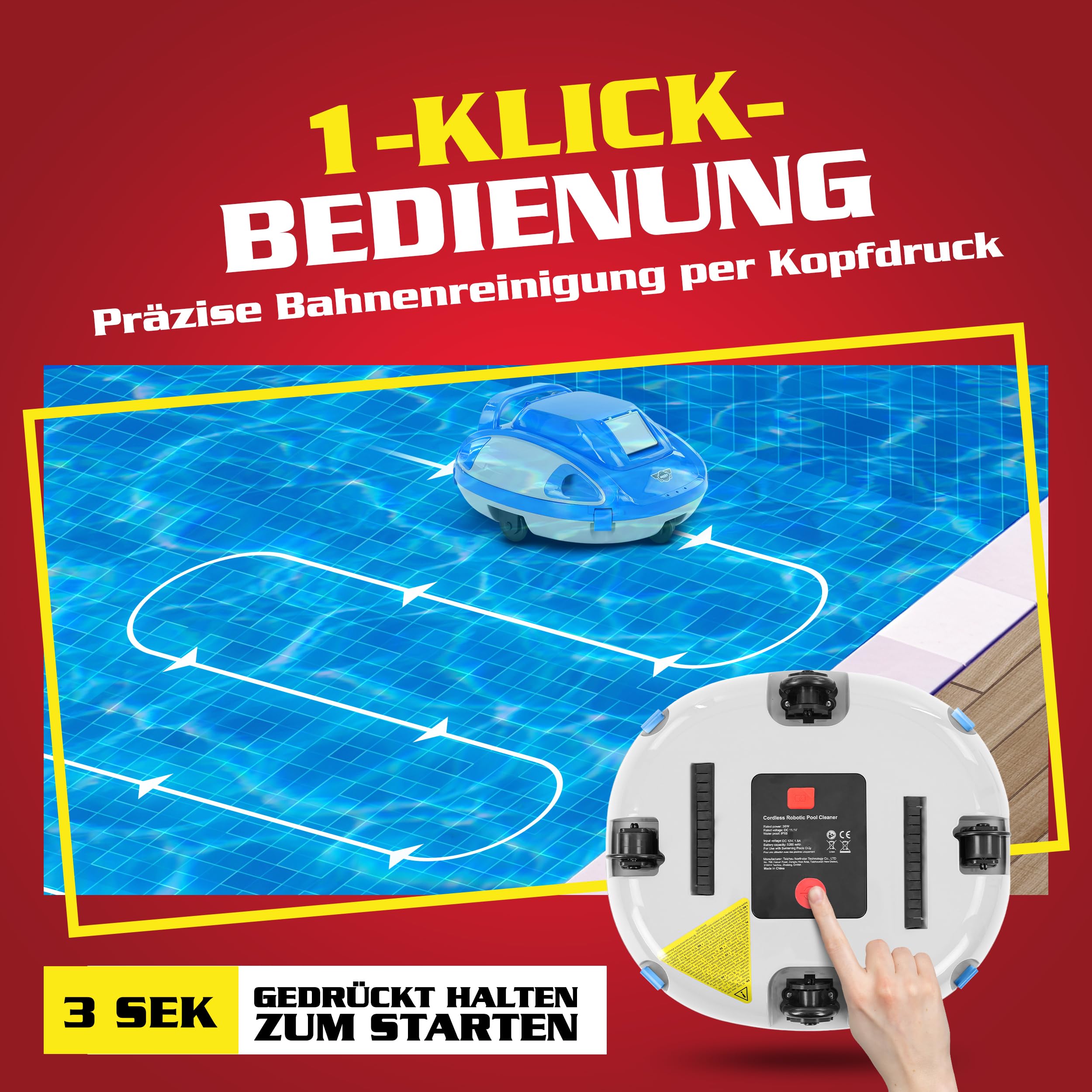 Hecht Poolroboter kabellos – 110 min Laufzeit, 5000 mAh - Akku Poolsauger & Poolreiniger für Boden & Wand bis 85 m², 1 klick Bedienung, leicht 3 kg, für jeden Pool geeignet | Unterwasser