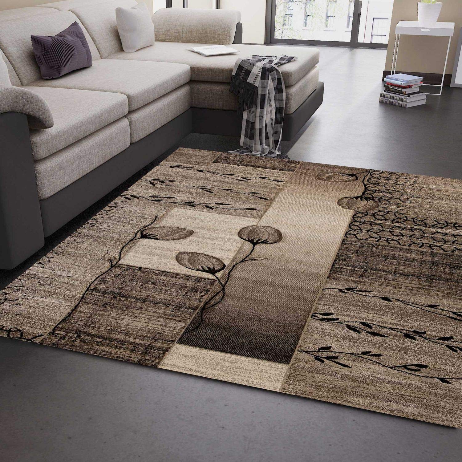 VIMODA Modern Living Room Rug Natural Colours Beige Brown with Flowers and Plants Pattern - Beige, 80x150 cm