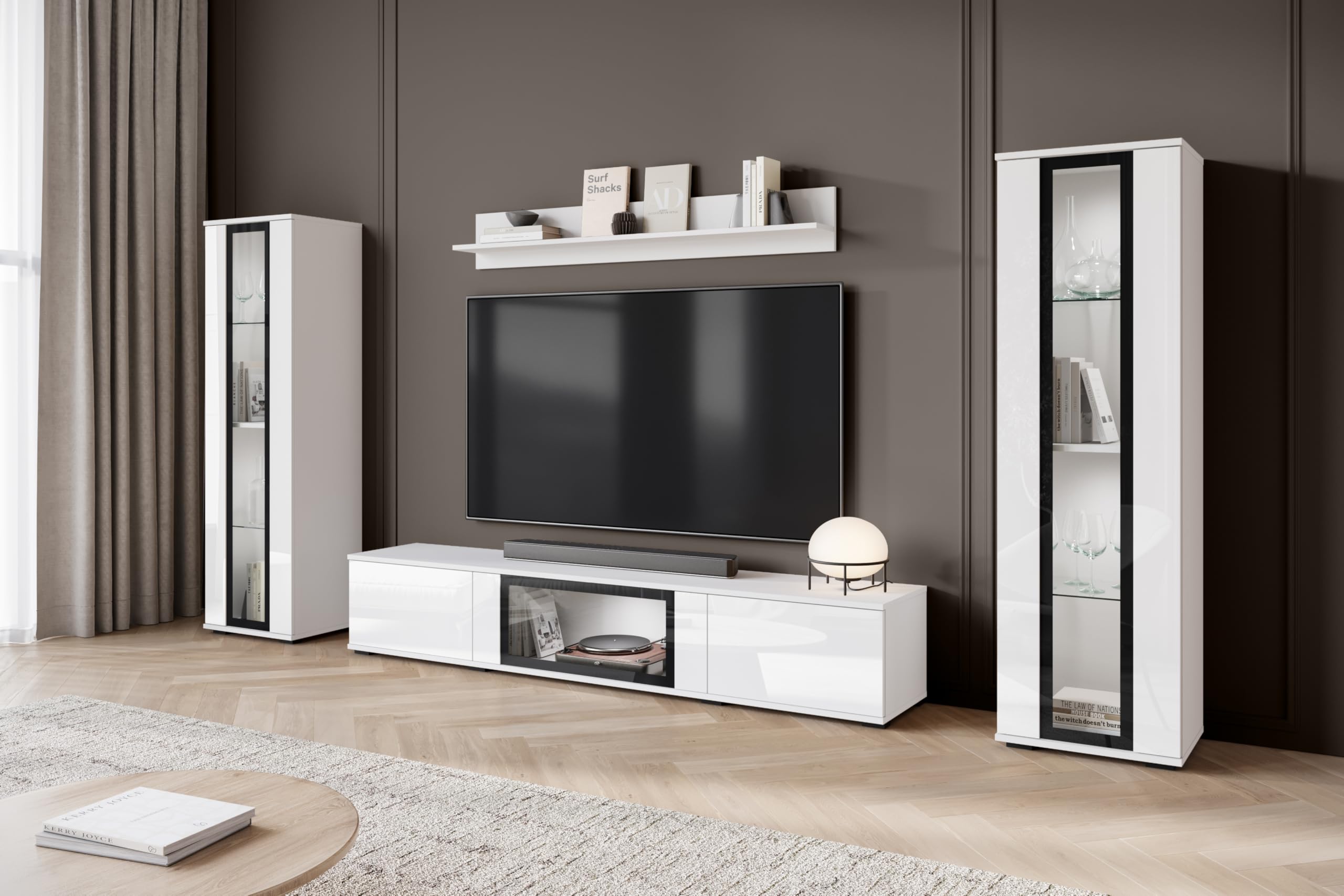 MINIO go for it - Ensemble de Meubles de Salon FARO 4 pièces avec LED | Armoire haute, vitrine, meuble bas avec porte en verre, étagère murale, panneau stratifié, blanc mat / blanc brillant