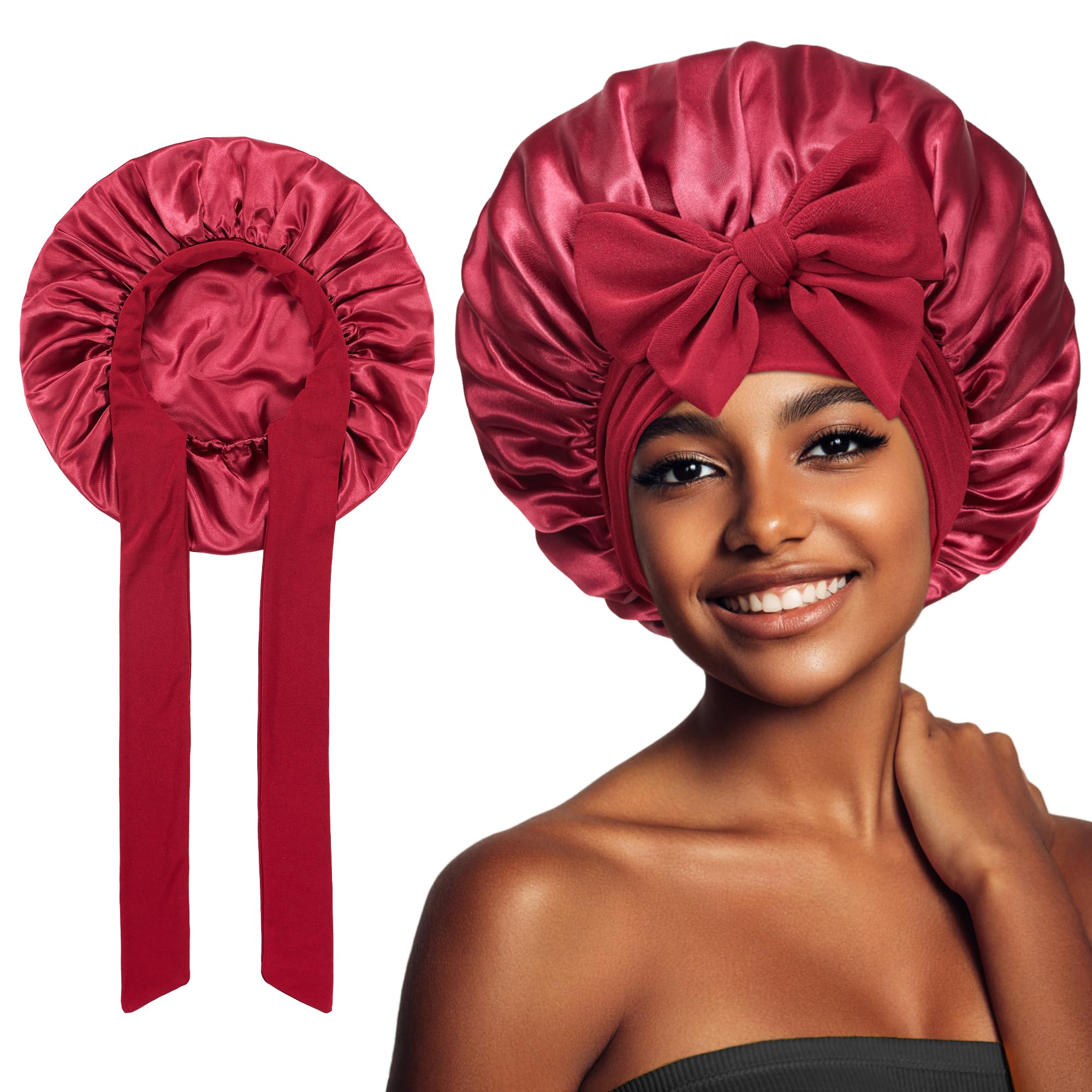 PHILIGHTS Satin Bonnet with Tie Band, Silk Hair Bonnet for Sleeping Women, Sleep Bonnets for Women, Silky Double Layer Sleep Cap for Curly Hair Braids