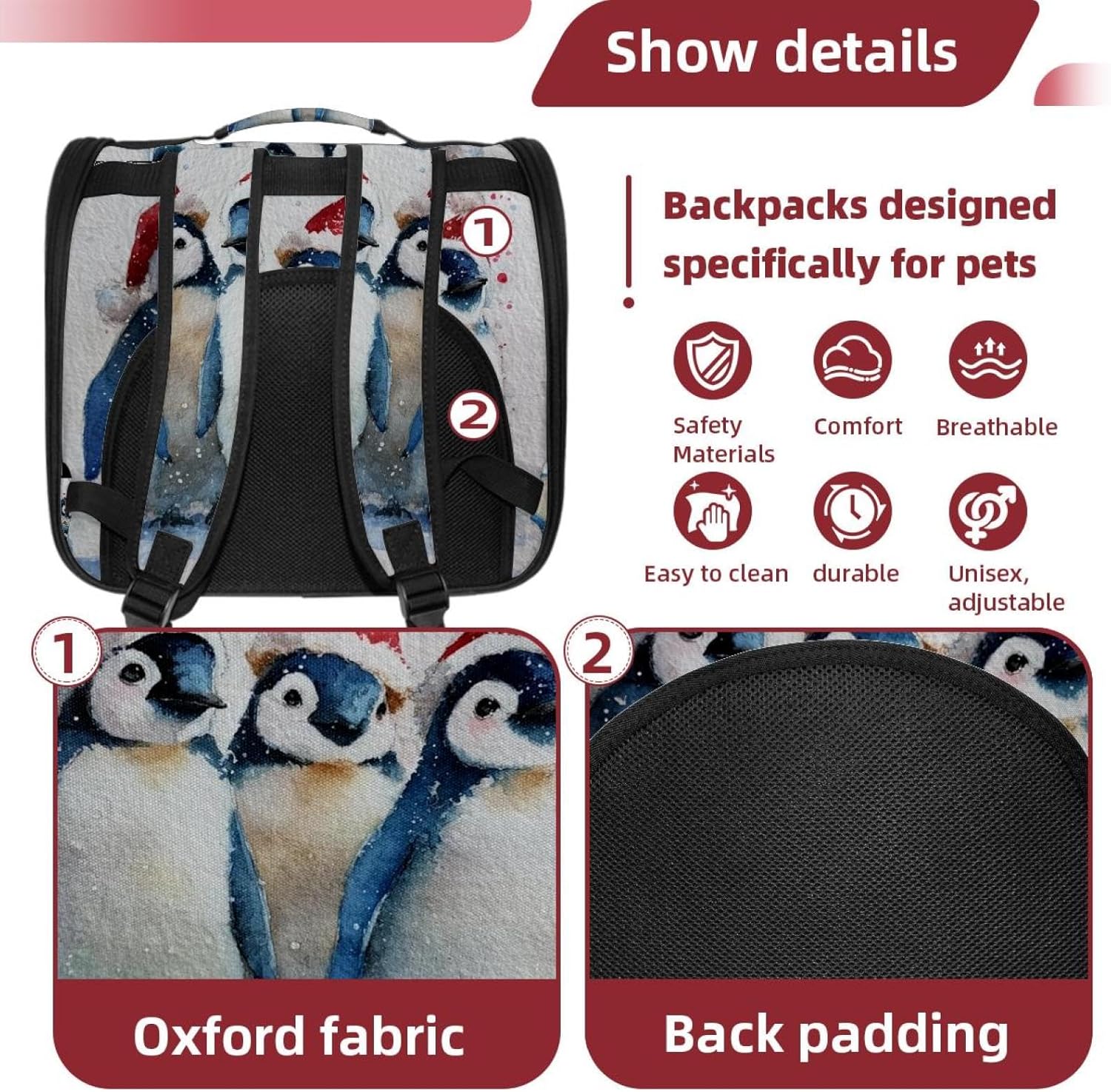 Portable Travel pet Backpack Carrier Hamster Bag Small Dog cat Carrier Breathable Hang Bag, Watercolor Christmas Penguins (1)